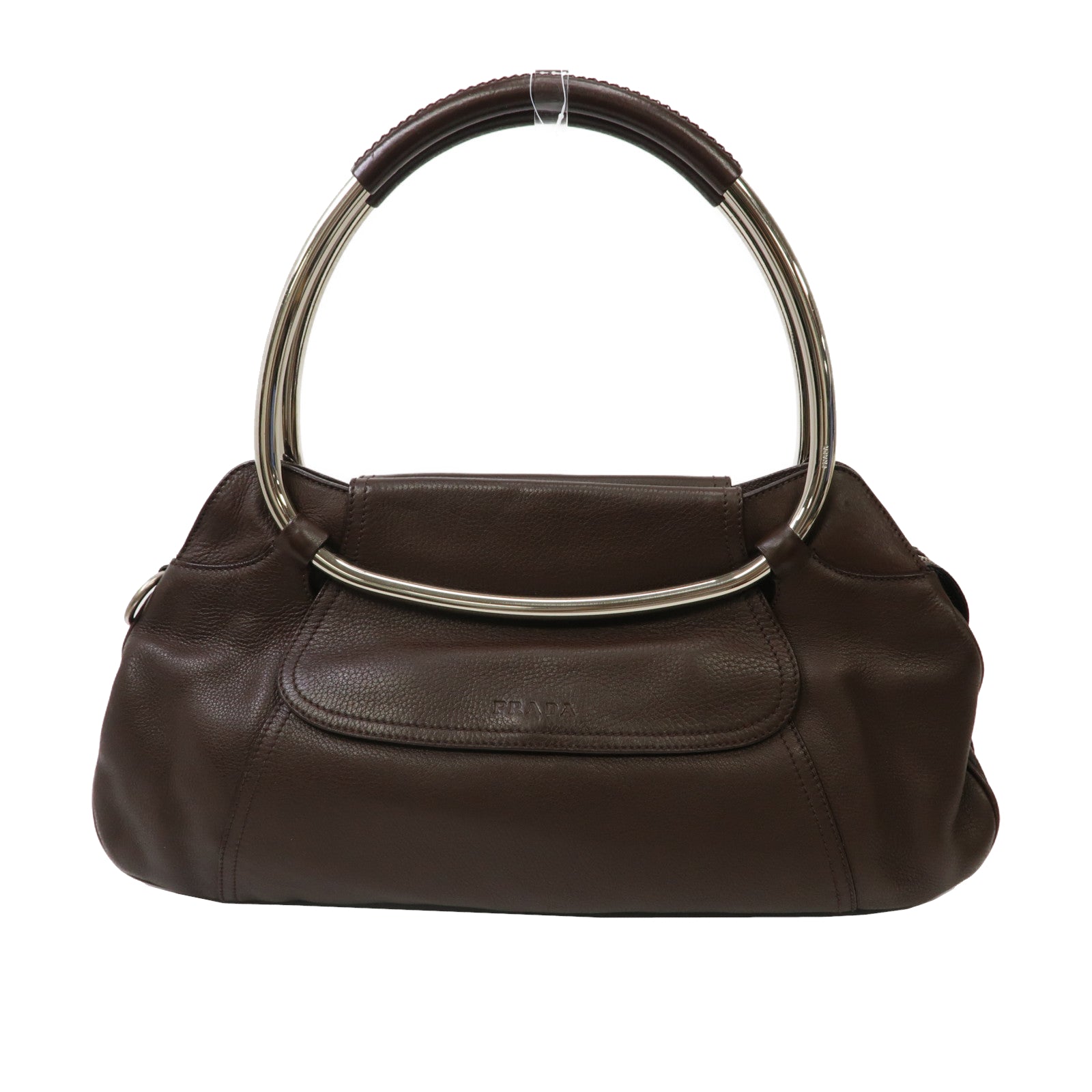 PRADA 牛皮皮革Ring Handle Bag銀扣手挽袋啡色