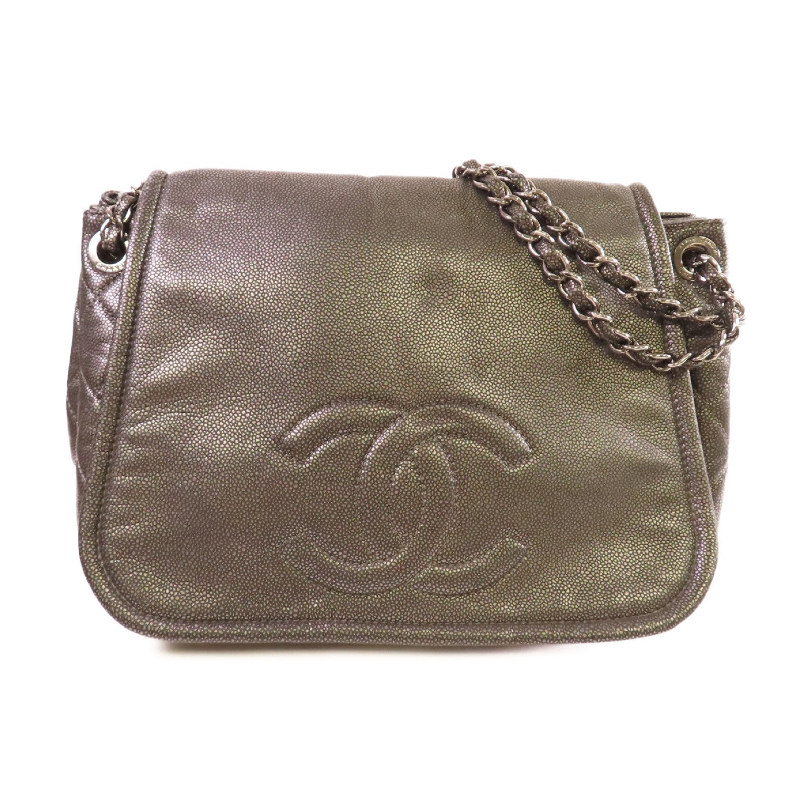 CHANEL 牛皮皮革Chain Shoulder Bag銀扣鏈帶肩背袋灰色