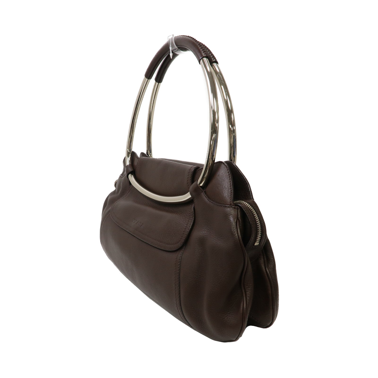 PRADA 牛皮皮革Ring Handle Bag銀扣手挽袋啡色