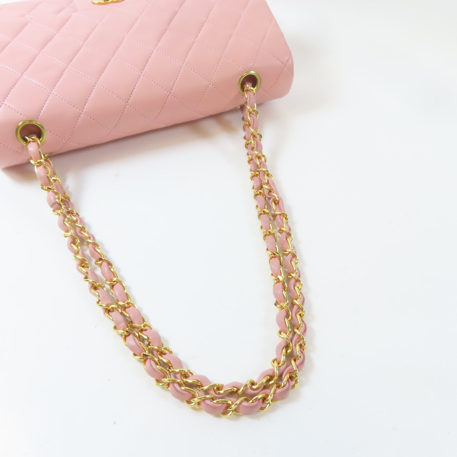 CHANEL 菱格羊皮皮革Chain Shoulder Bag金扣鏈帶肩背袋粉紅色