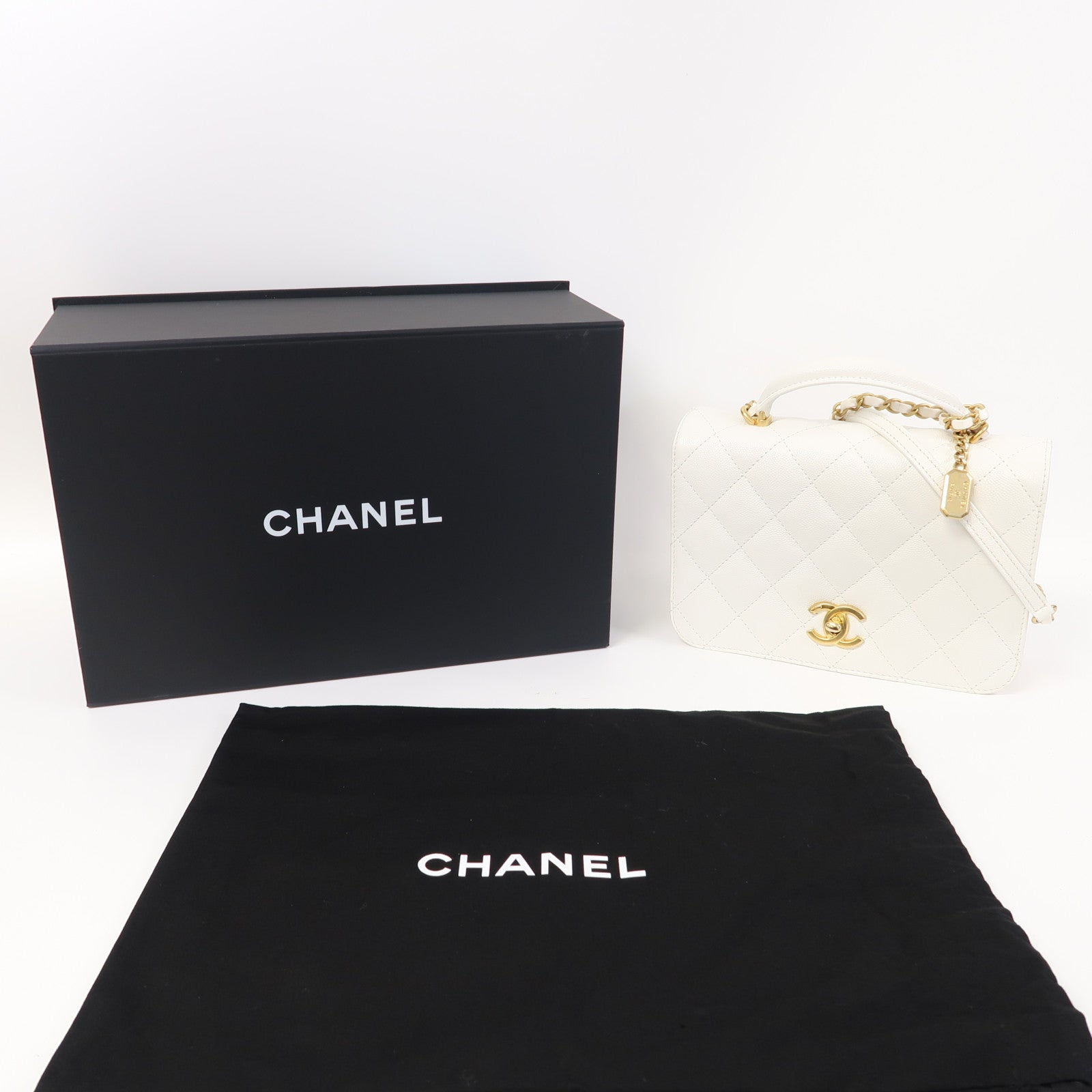 CHANEL 菱格Caviar皮革Shoulder Bag金扣手挽肩背兩用袋白色