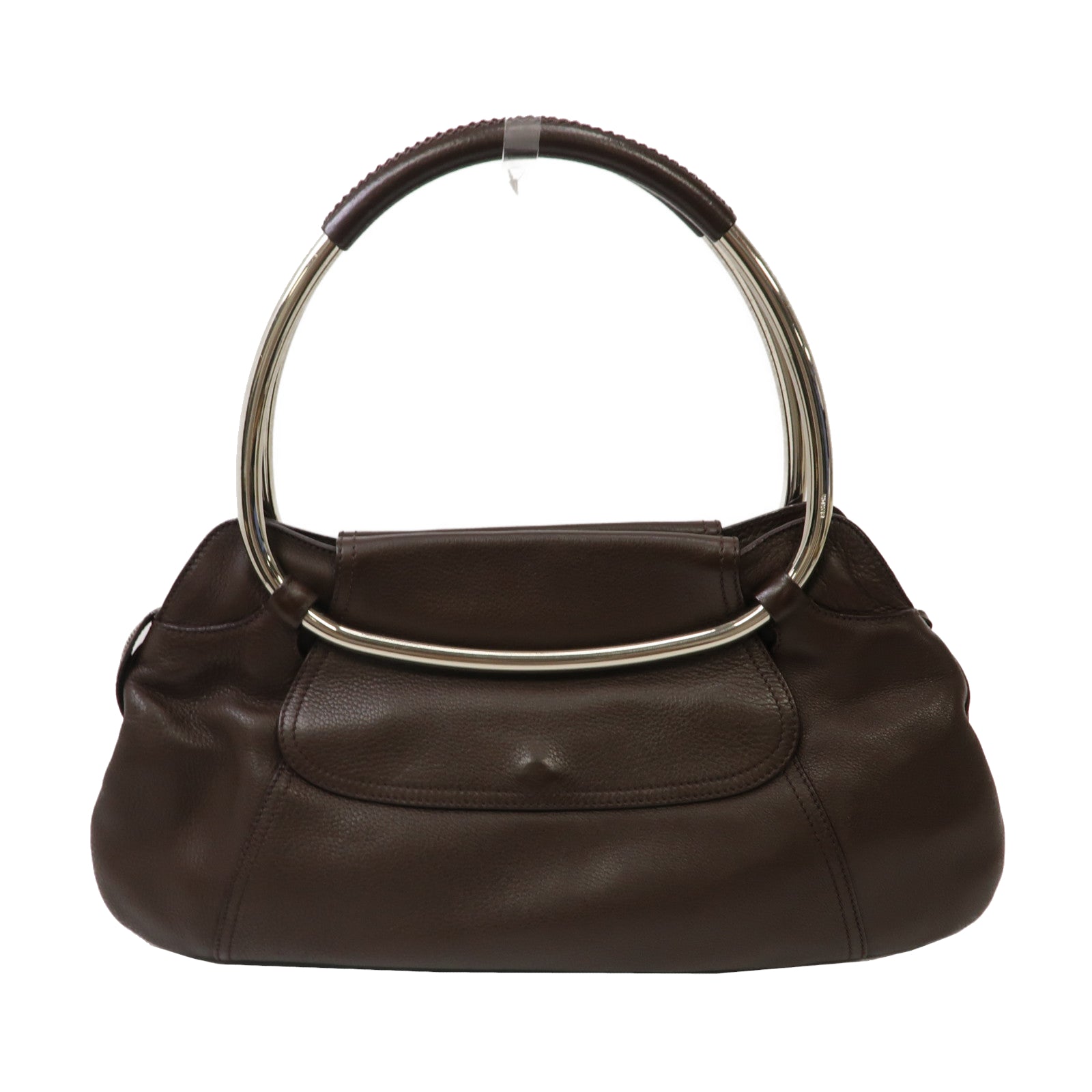 PRADA 牛皮皮革Ring Handle Bag銀扣手挽袋啡色