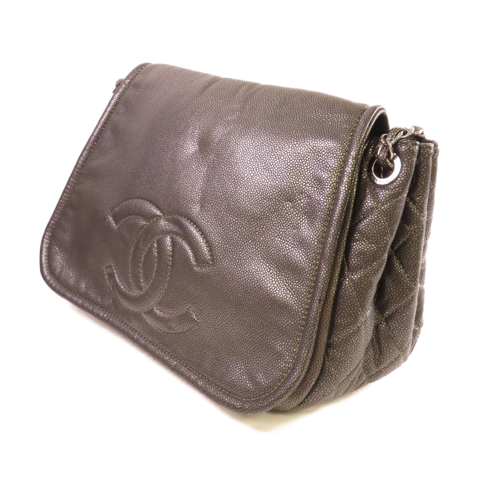 CHANEL 牛皮皮革Chain Shoulder Bag銀扣鏈帶肩背袋灰色