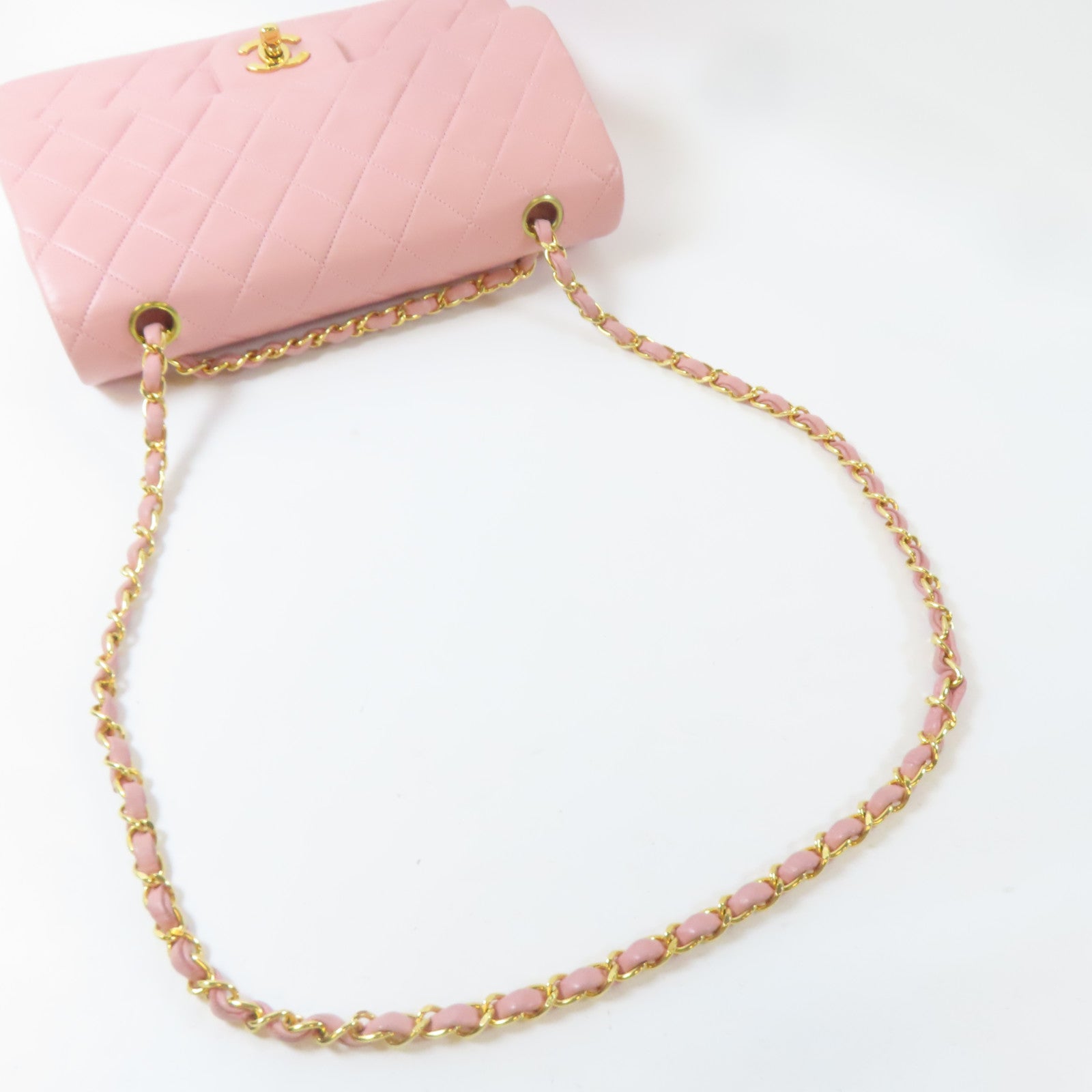 CHANEL 菱格羊皮皮革Chain Shoulder Bag金扣鏈帶肩背袋粉紅色