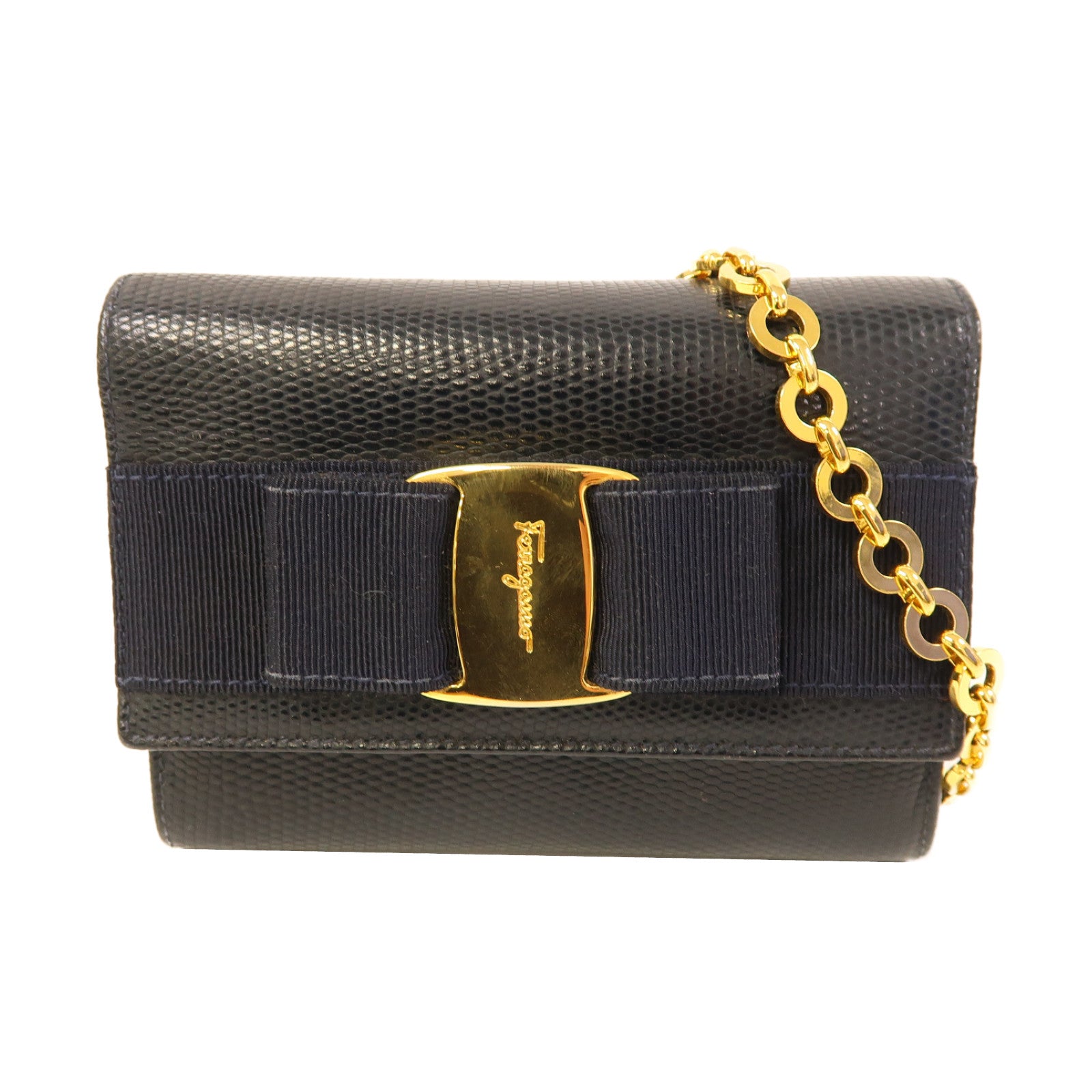 Salvatore Ferragamo 【激減優惠】牛皮皮革Chain Shoulder金扣鏈帶肩背袋藍色