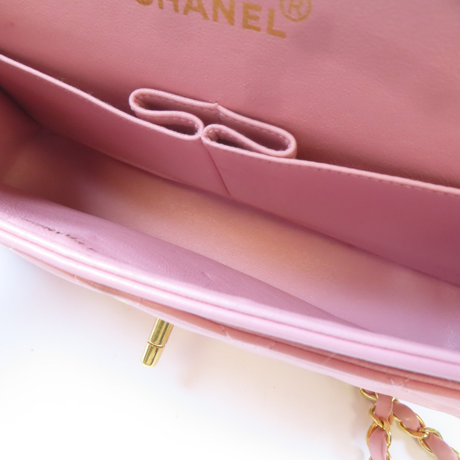 CHANEL 菱格羊皮皮革Chain Shoulder Bag金扣鏈帶肩背袋粉紅色