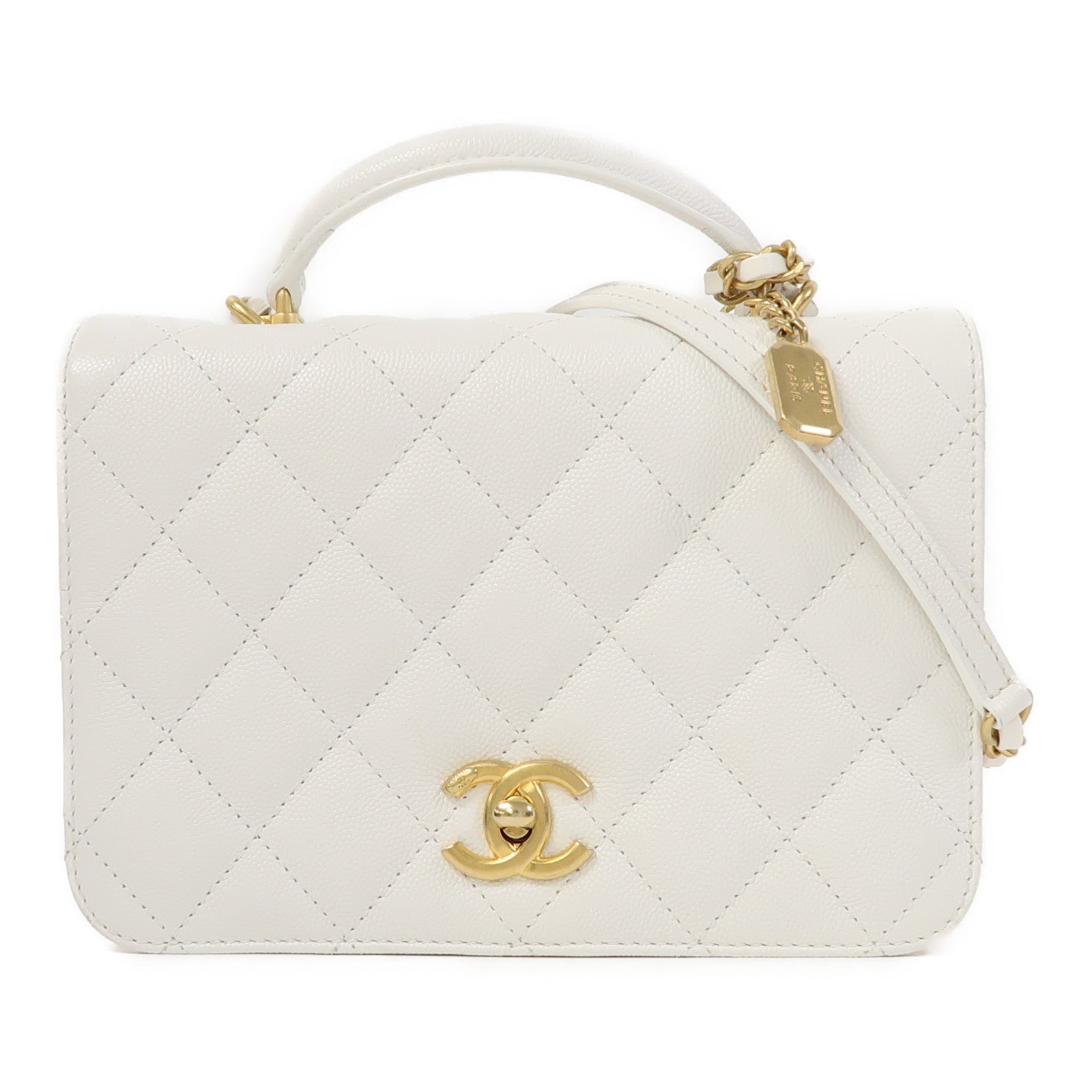 CHANEL 菱格Caviar皮革Shoulder Bag金扣手挽肩背兩用袋白色