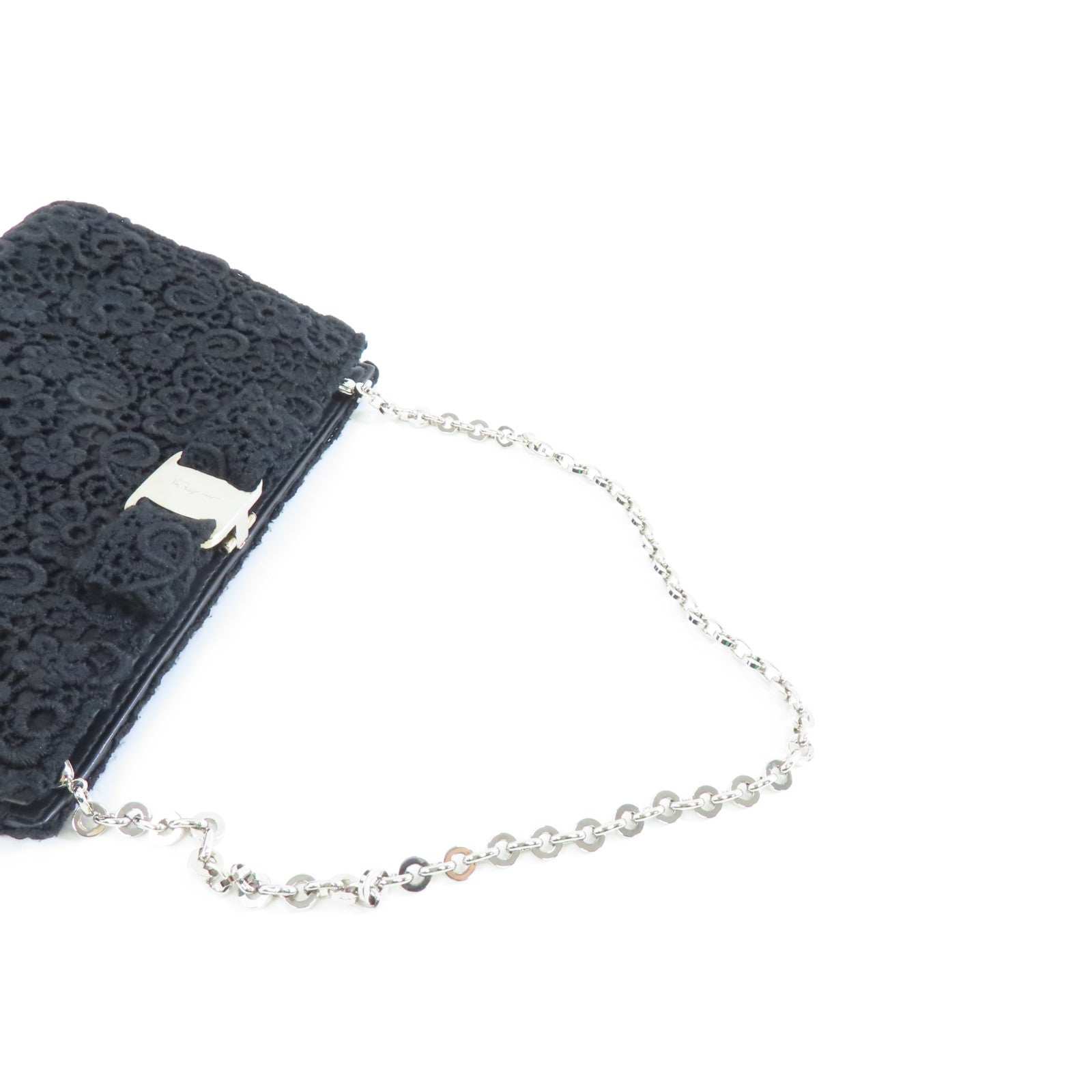 Salvatore Ferragamo 帆布Chain Shoulder銀扣鏈帶肩背袋黑色