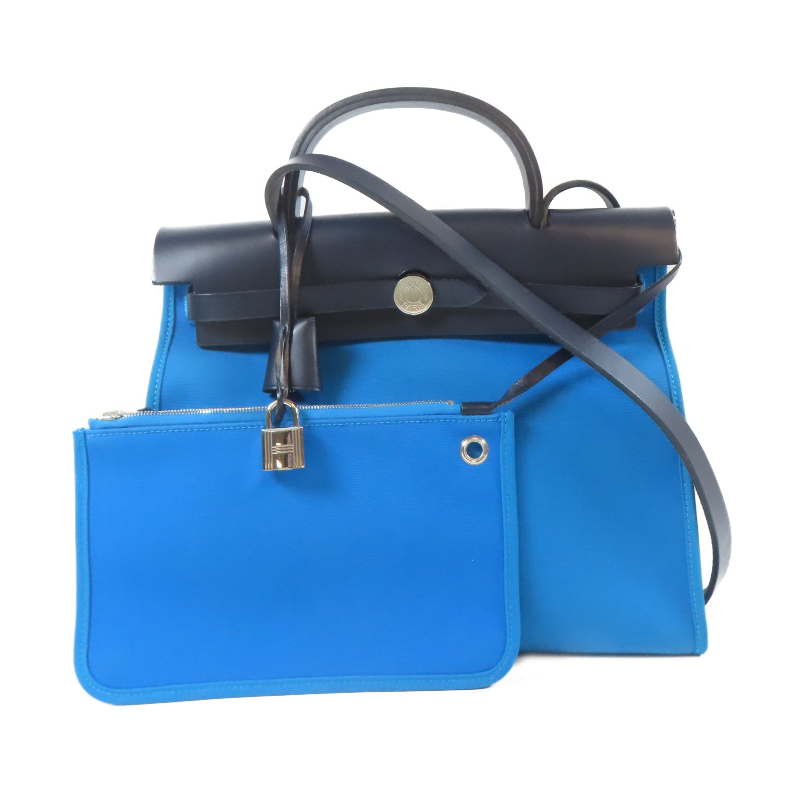 HERMES 帆布Herbag銀扣手挽肩背兩用袋藍色