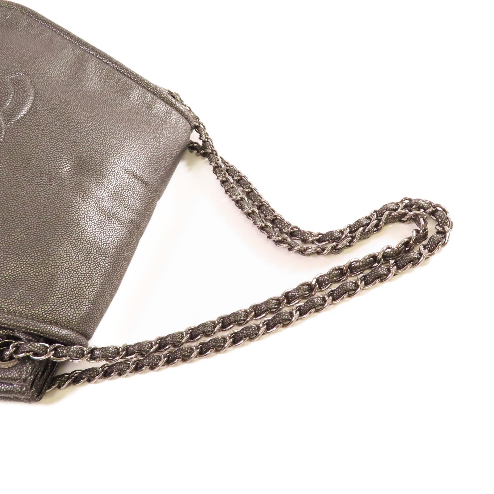 CHANEL 牛皮皮革Chain Shoulder Bag銀扣鏈帶肩背袋灰色
