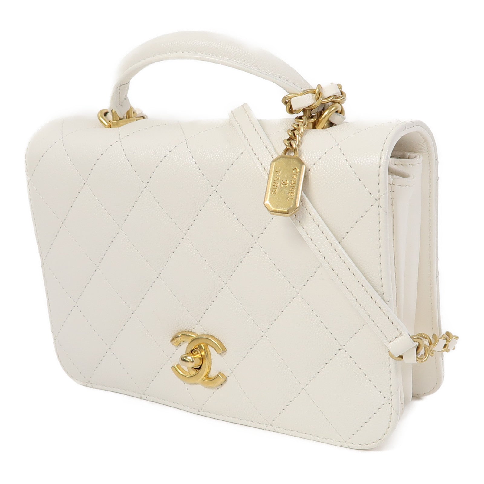 CHANEL 菱格Caviar皮革Shoulder Bag金扣手挽肩背兩用袋白色