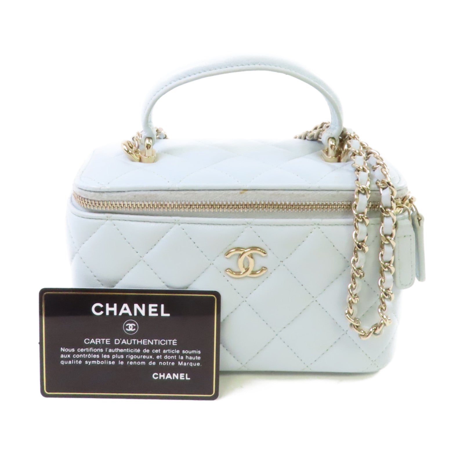 CHANEL 【激減優惠】菱格牛皮皮革Vanity Chain Shoulder Bag金扣鏈帶肩背袋淺藍色