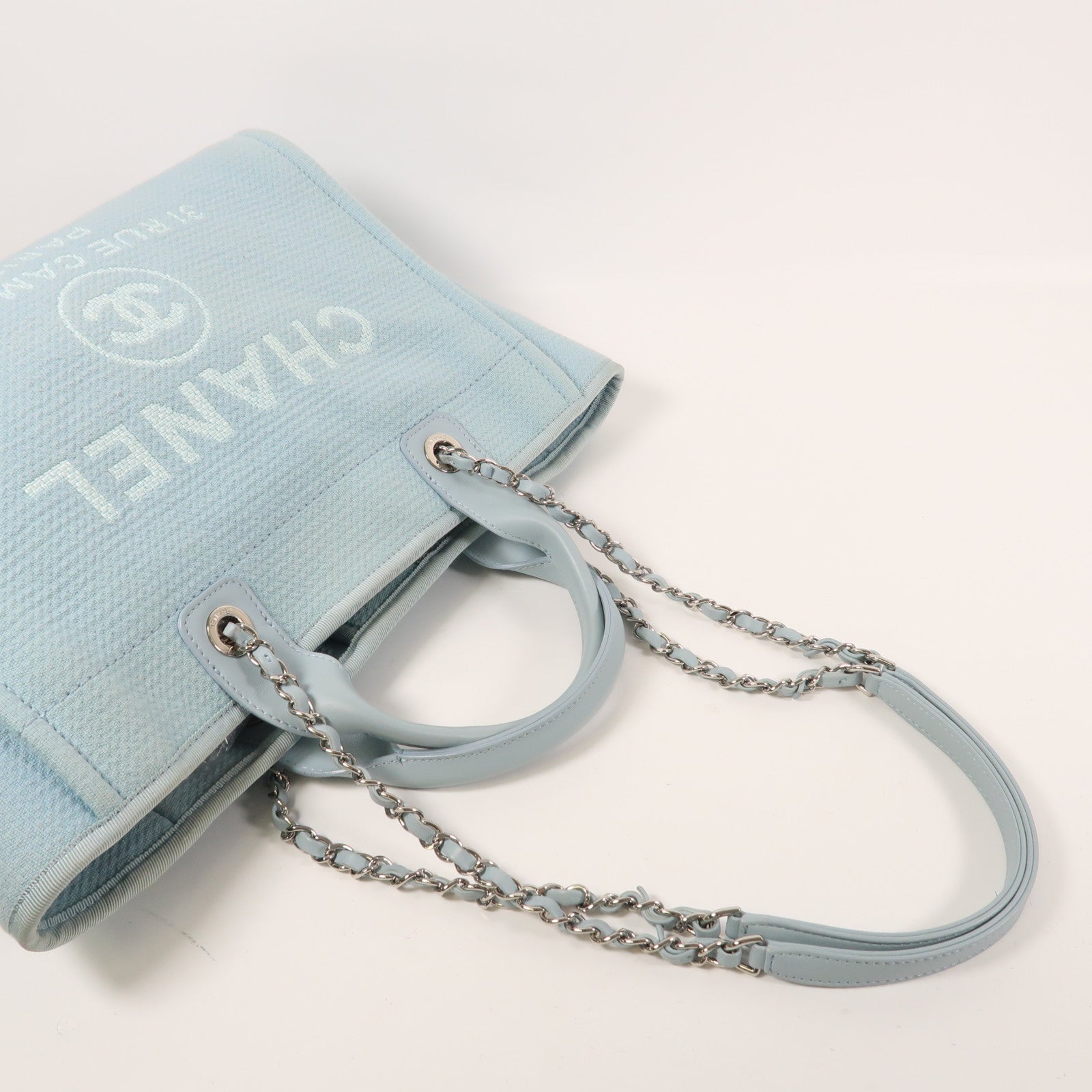 CHANEL 帆布Deauville Tote銀扣手挽肩背兩用袋