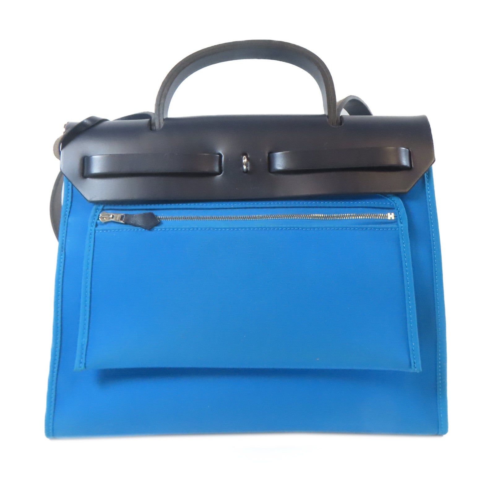 HERMES 帆布Herbag銀扣手挽肩背兩用袋藍色