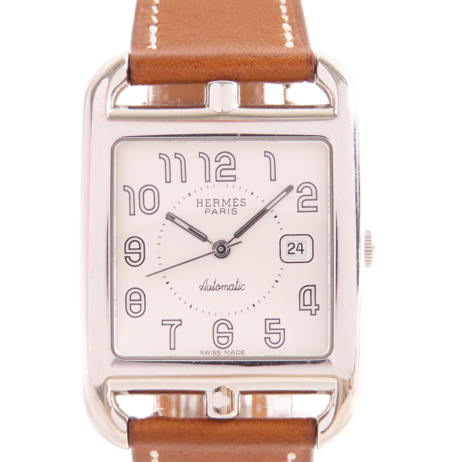 HERMES Cape Cod Watch不鏽鋼/牛皮皮革帶自動機芯手錶白色/啡色