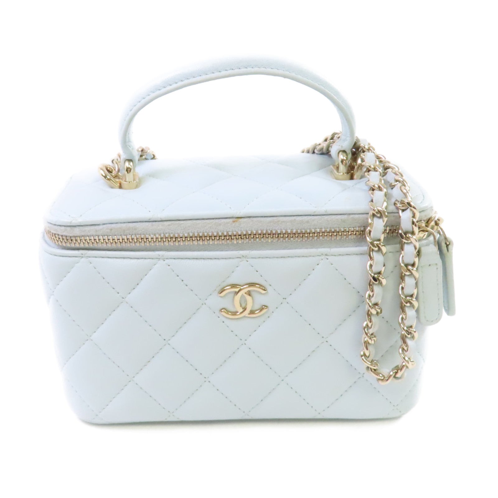 CHANEL 【激減優惠】菱格牛皮皮革Vanity Chain Shoulder Bag金扣鏈帶肩背袋淺藍色