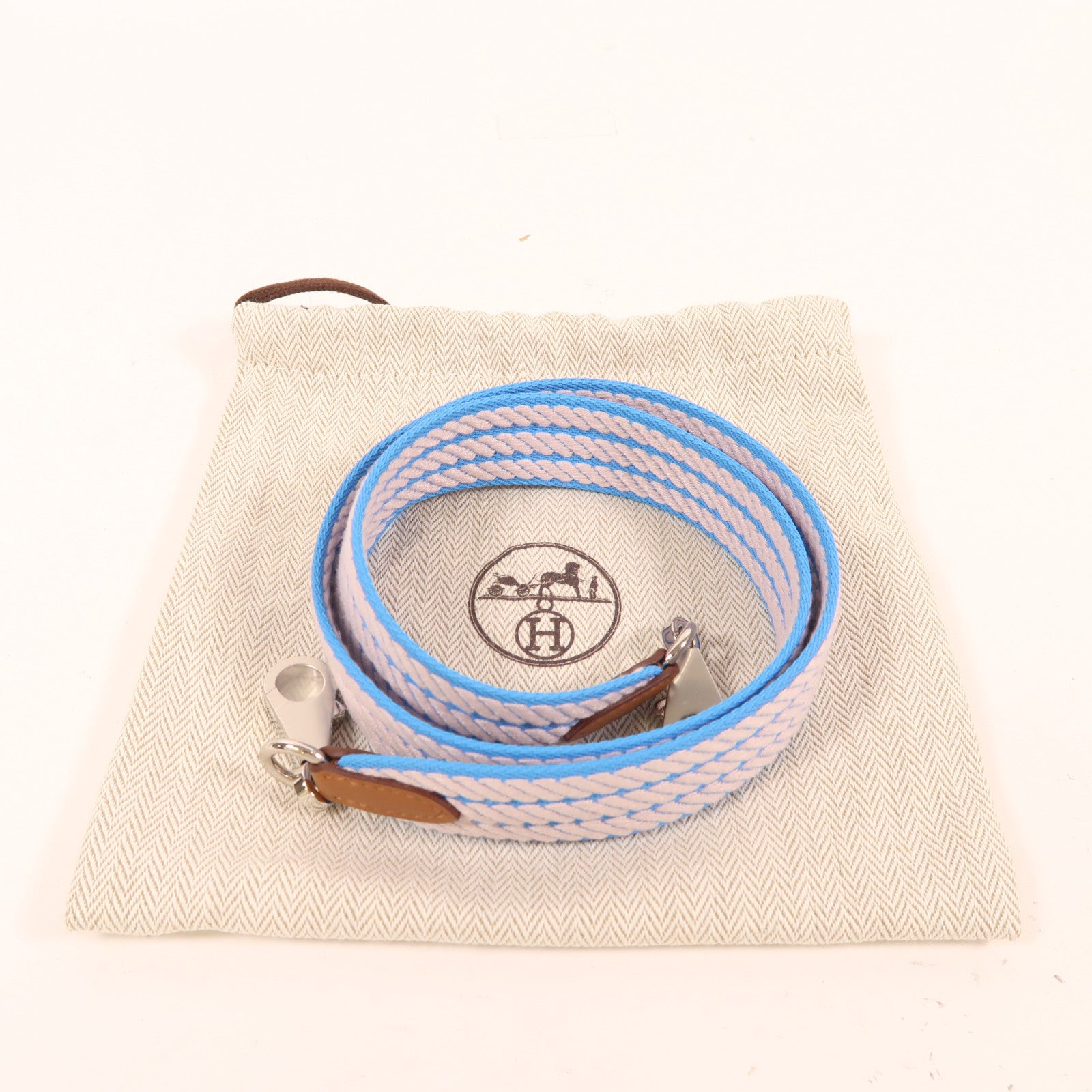 HERMES 帆布Shoulder Strap銀扣肩背帶藍色/粉紅色