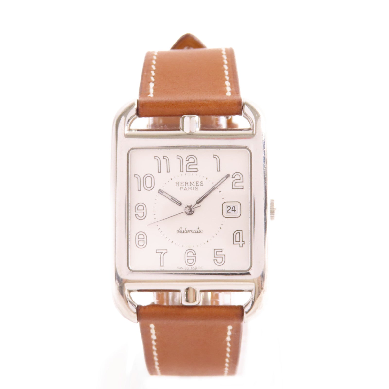 HERMES Cape Cod Watch不鏽鋼/牛皮皮革帶自動機芯手錶白色/啡色