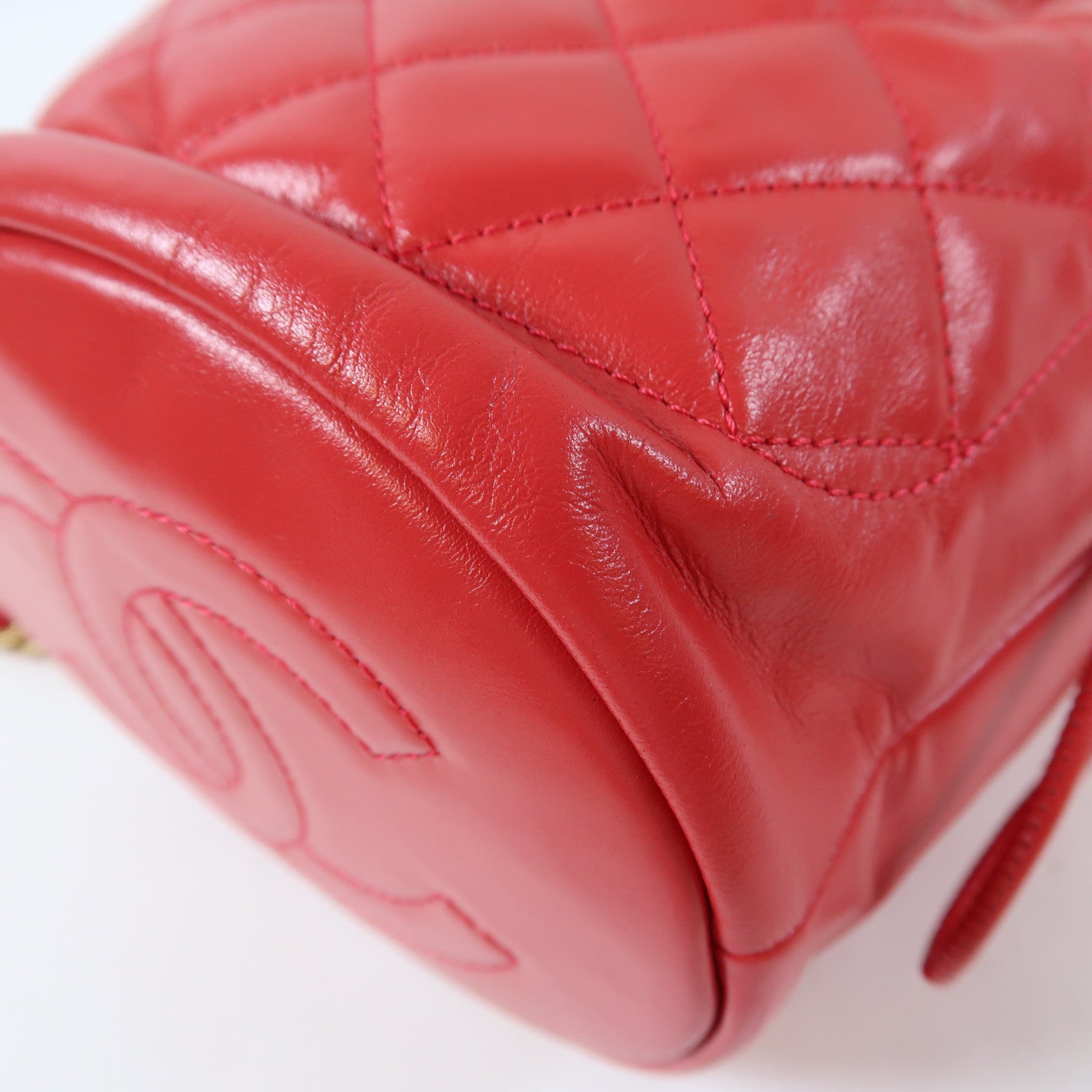 CHANEL 菱格牛皮皮革Drawstring金扣鏈帶肩背袋紅色