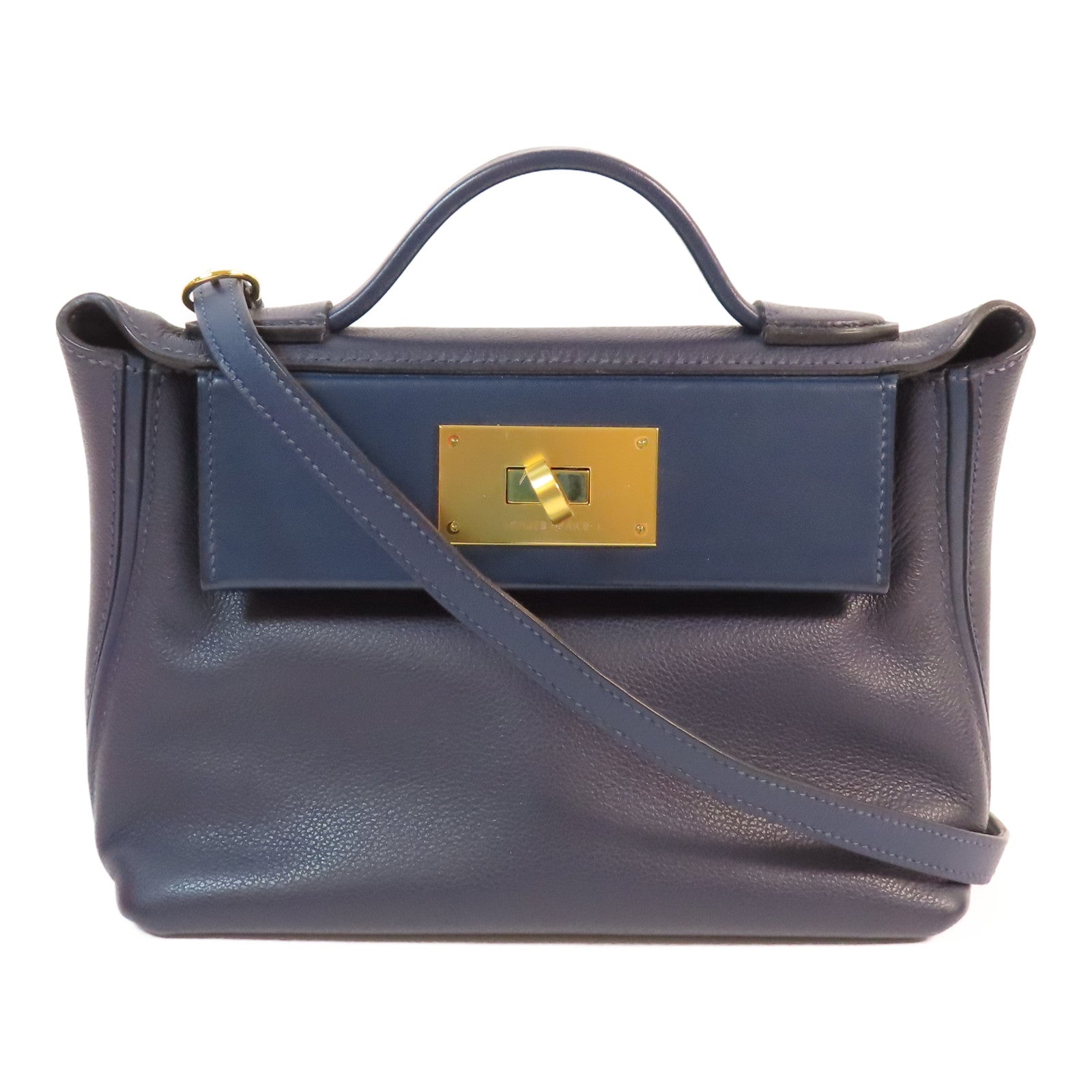 HERMES Evercolor皮革Mini 24/24金扣手挽肩背兩用袋Bleu Nuit