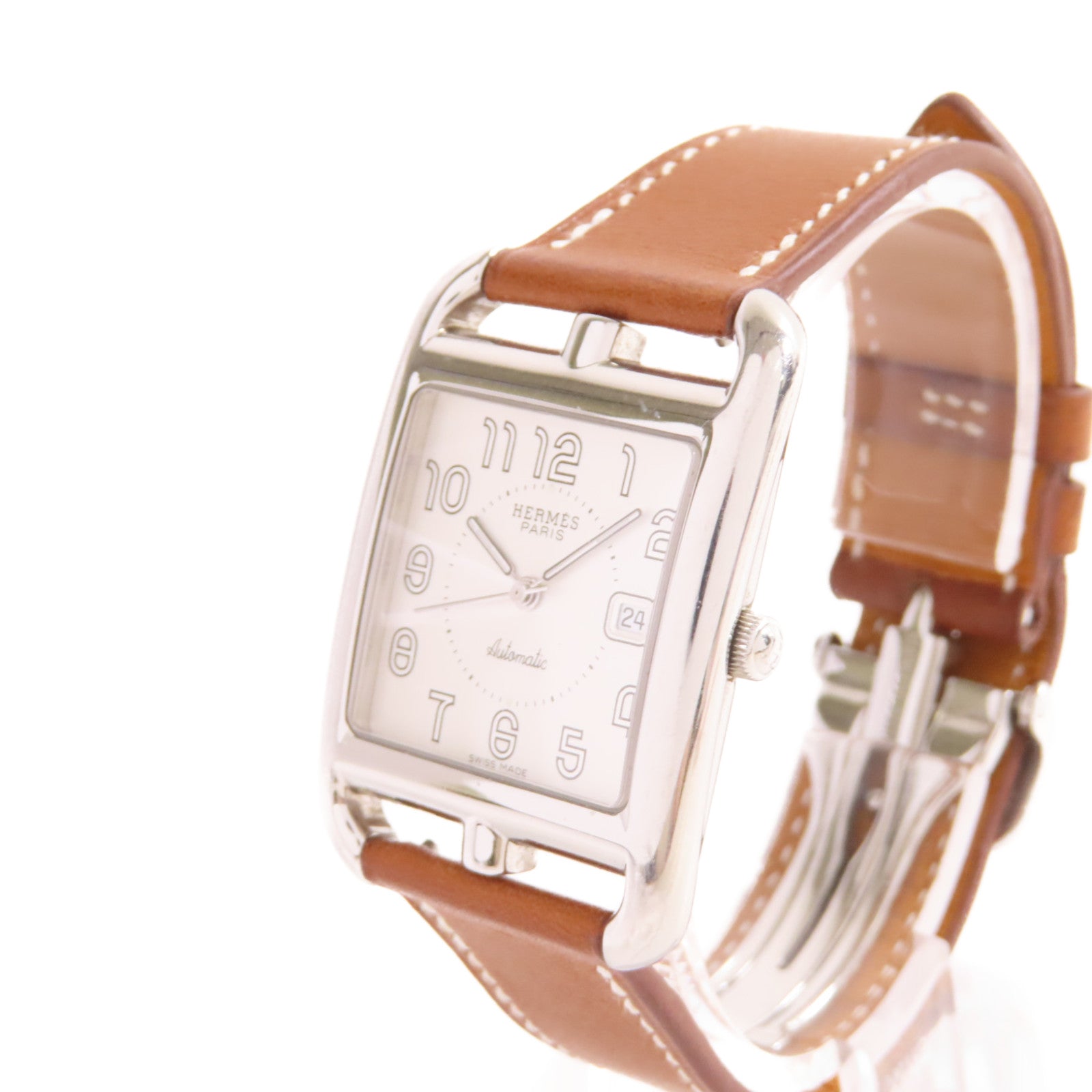 HERMES Cape Cod Watch不鏽鋼/牛皮皮革帶自動機芯手錶白色/啡色