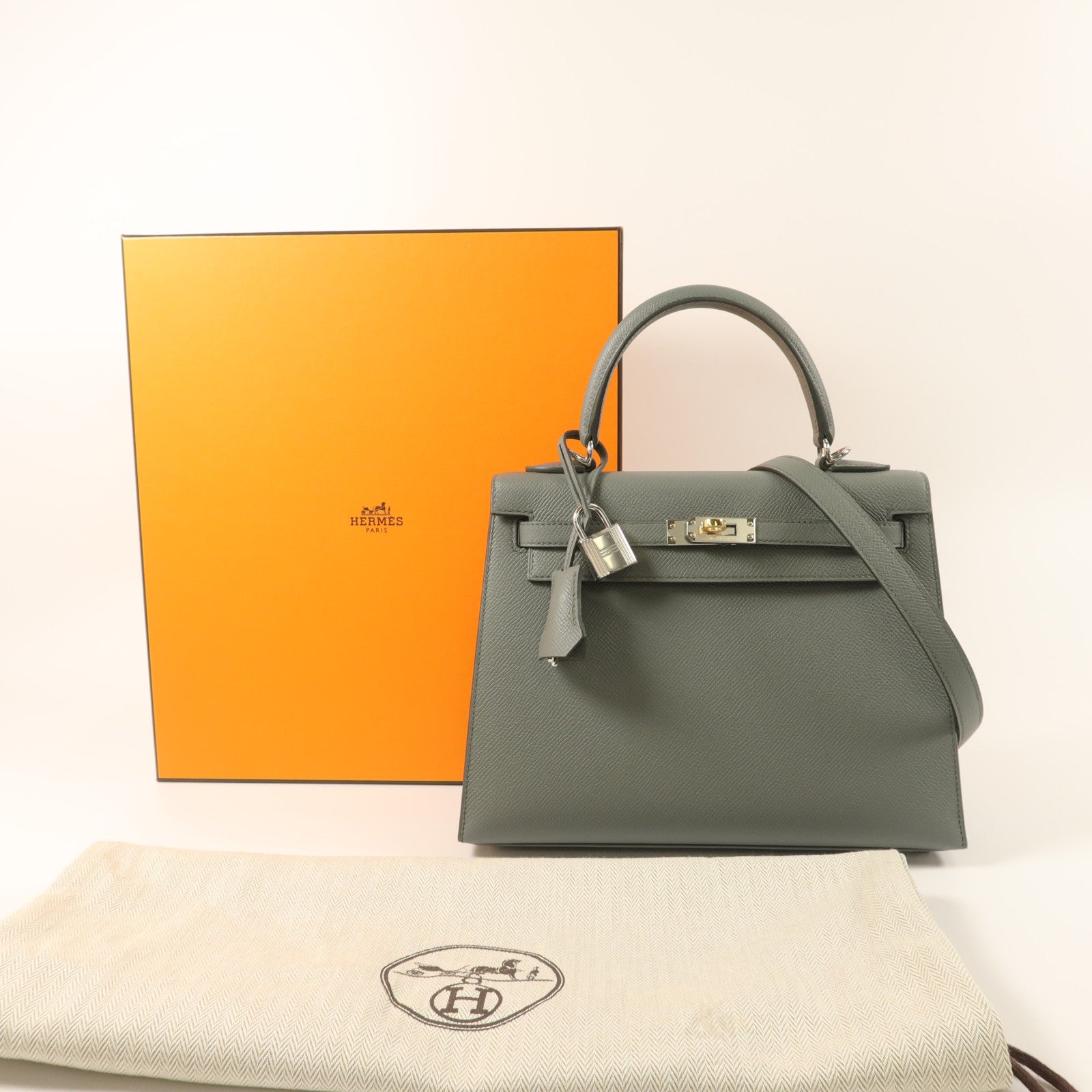 HERMES Epsom皮革Kelly 25手挽肩背兩用袋Vert Amande
