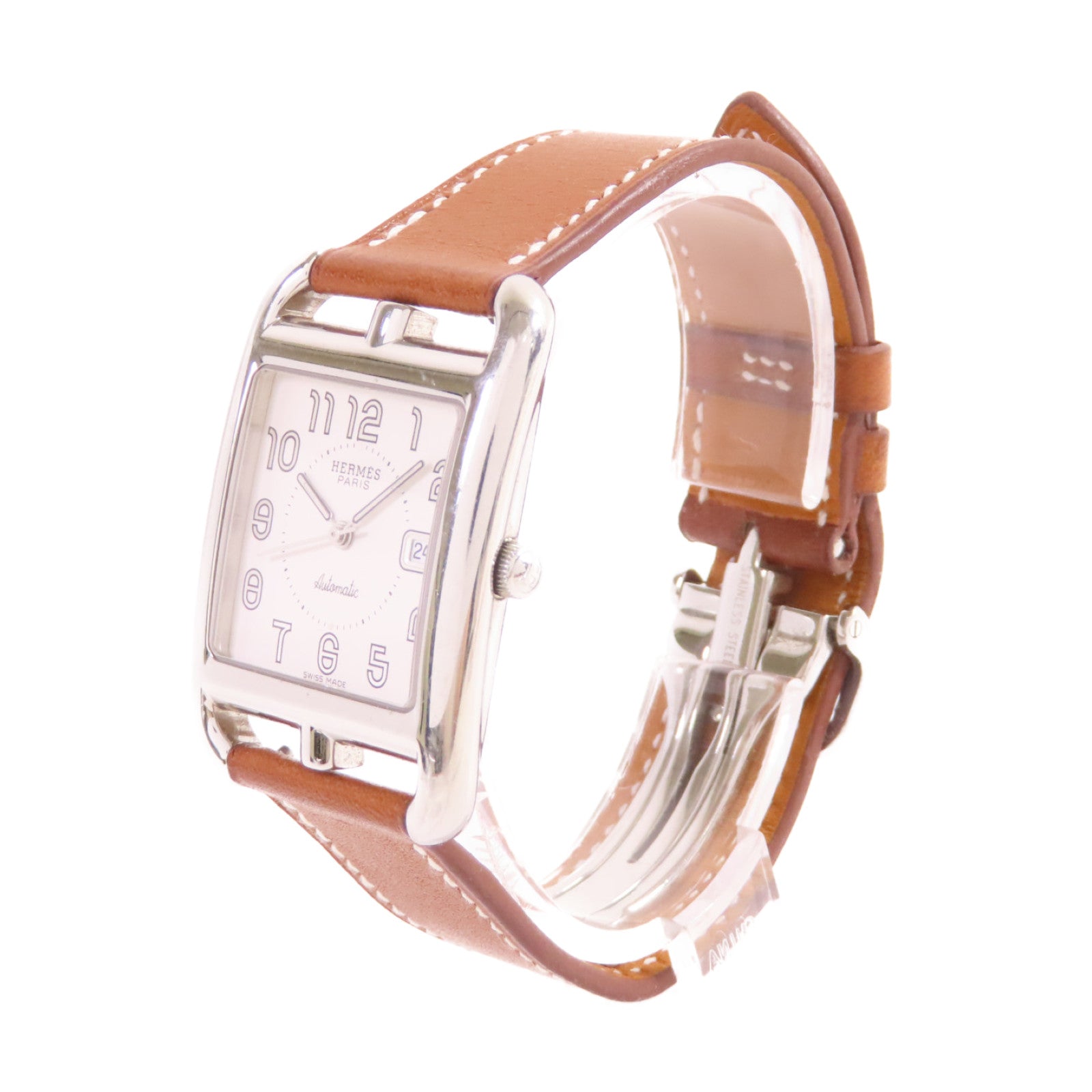 HERMES Cape Cod Watch不鏽鋼/牛皮皮革帶自動機芯手錶白色/啡色