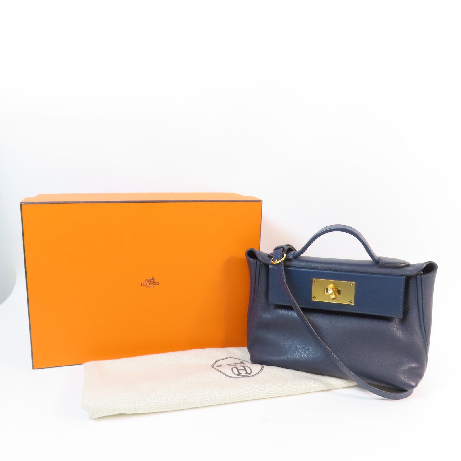 HERMES Evercolor皮革Mini 24/24金扣手挽肩背兩用袋Bleu Nuit