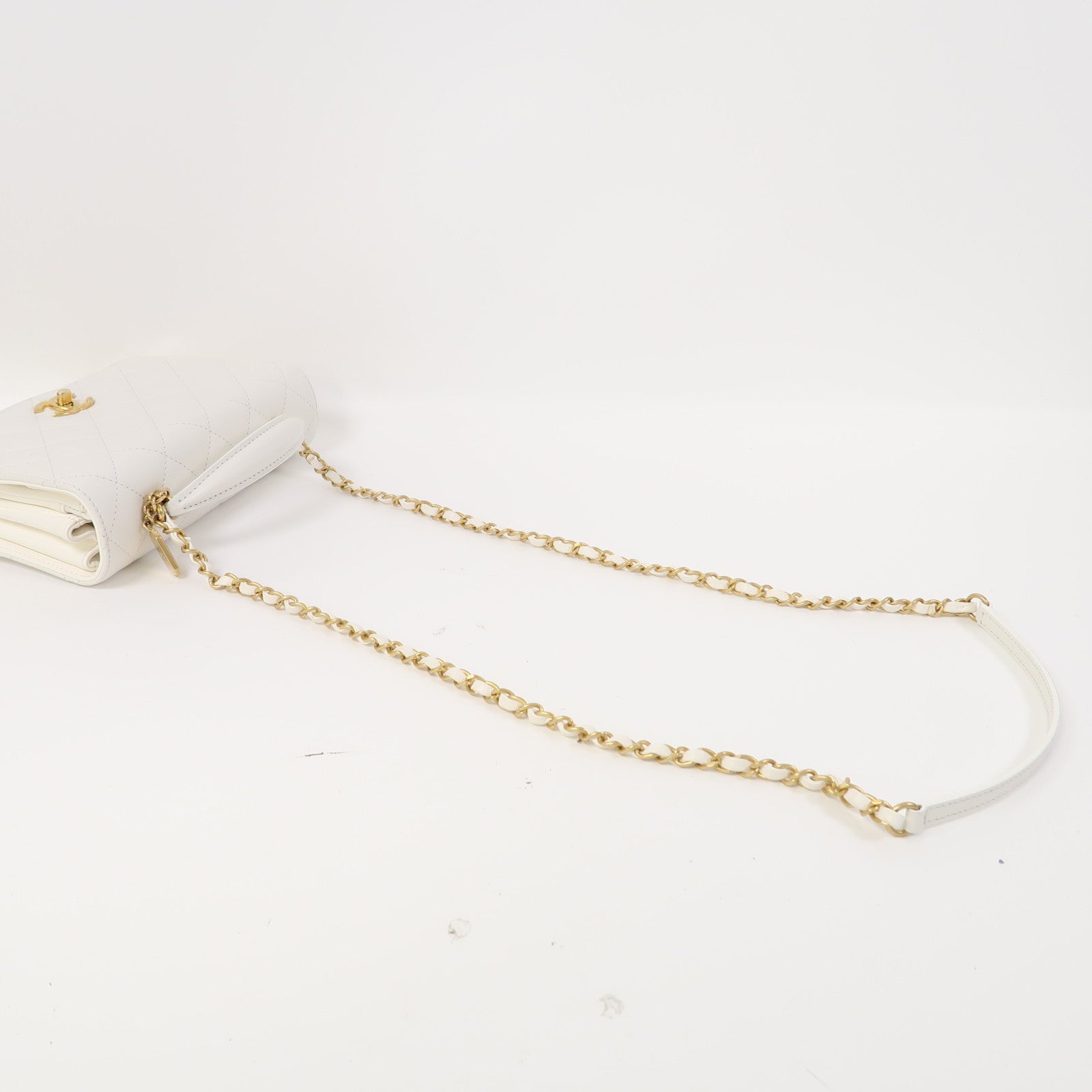 CHANEL 菱格Caviar皮革Shoulder Bag金扣手挽肩背兩用袋白色