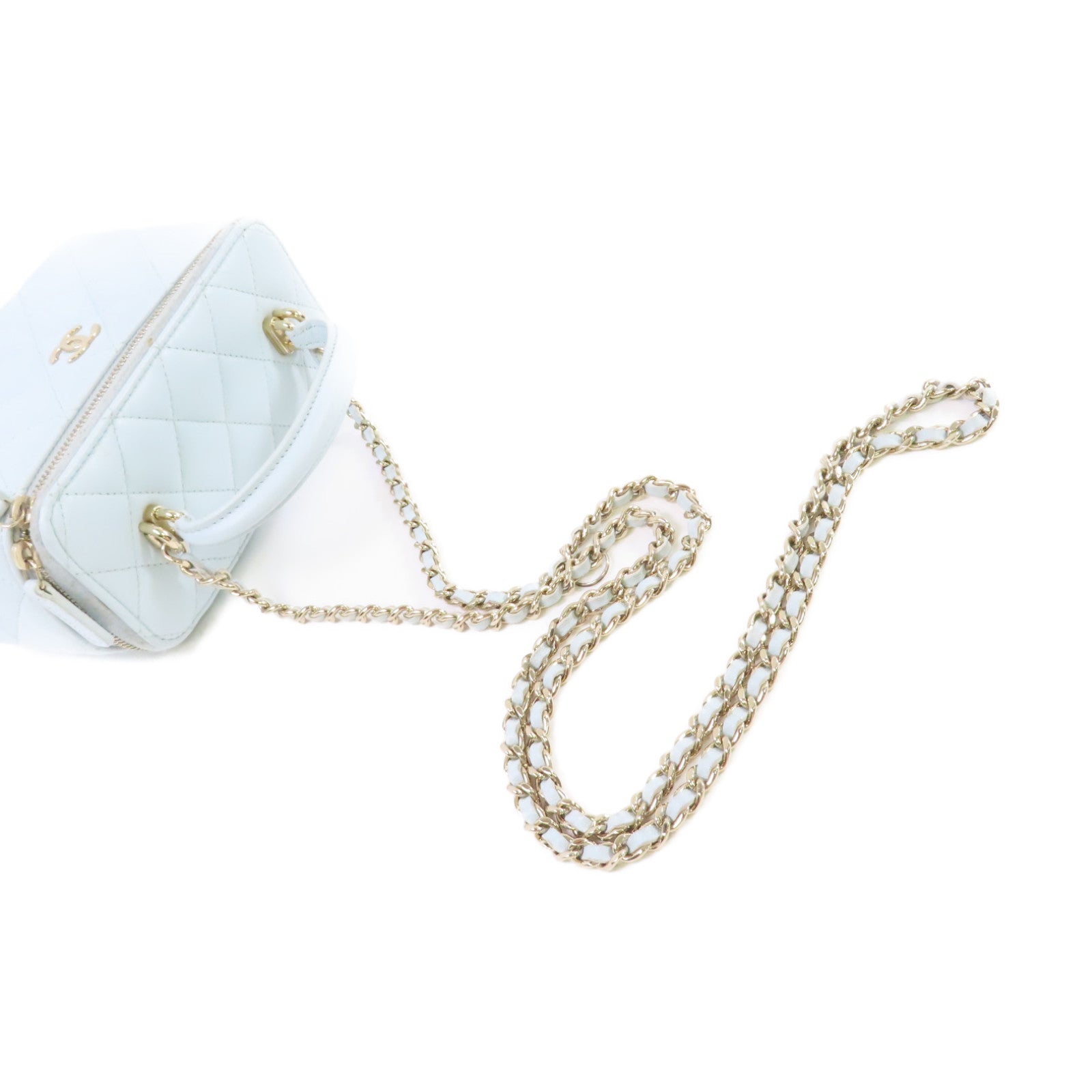 CHANEL 【激減優惠】菱格牛皮皮革Vanity Chain Shoulder Bag金扣鏈帶肩背袋淺藍色