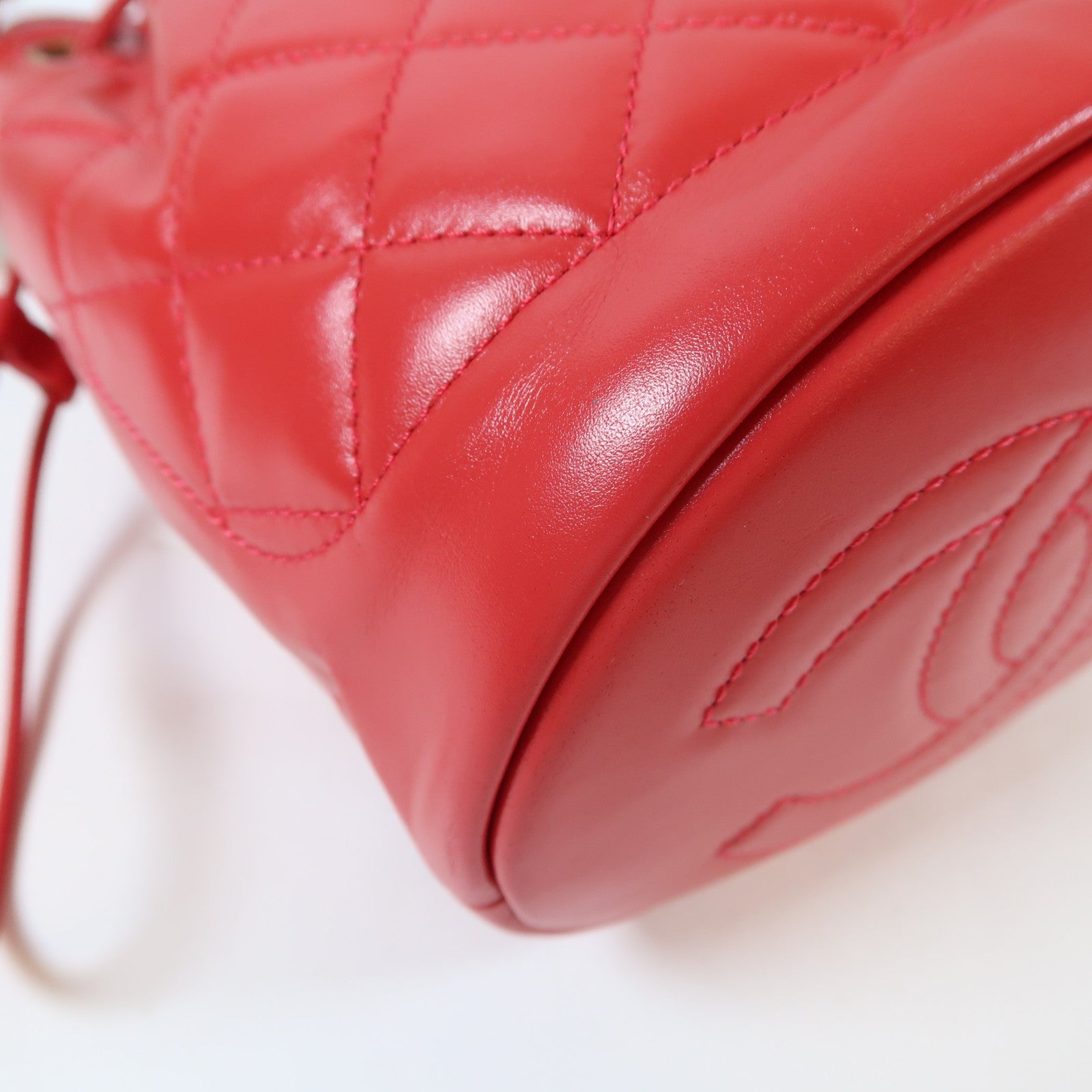 CHANEL 菱格牛皮皮革Drawstring金扣鏈帶肩背袋紅色