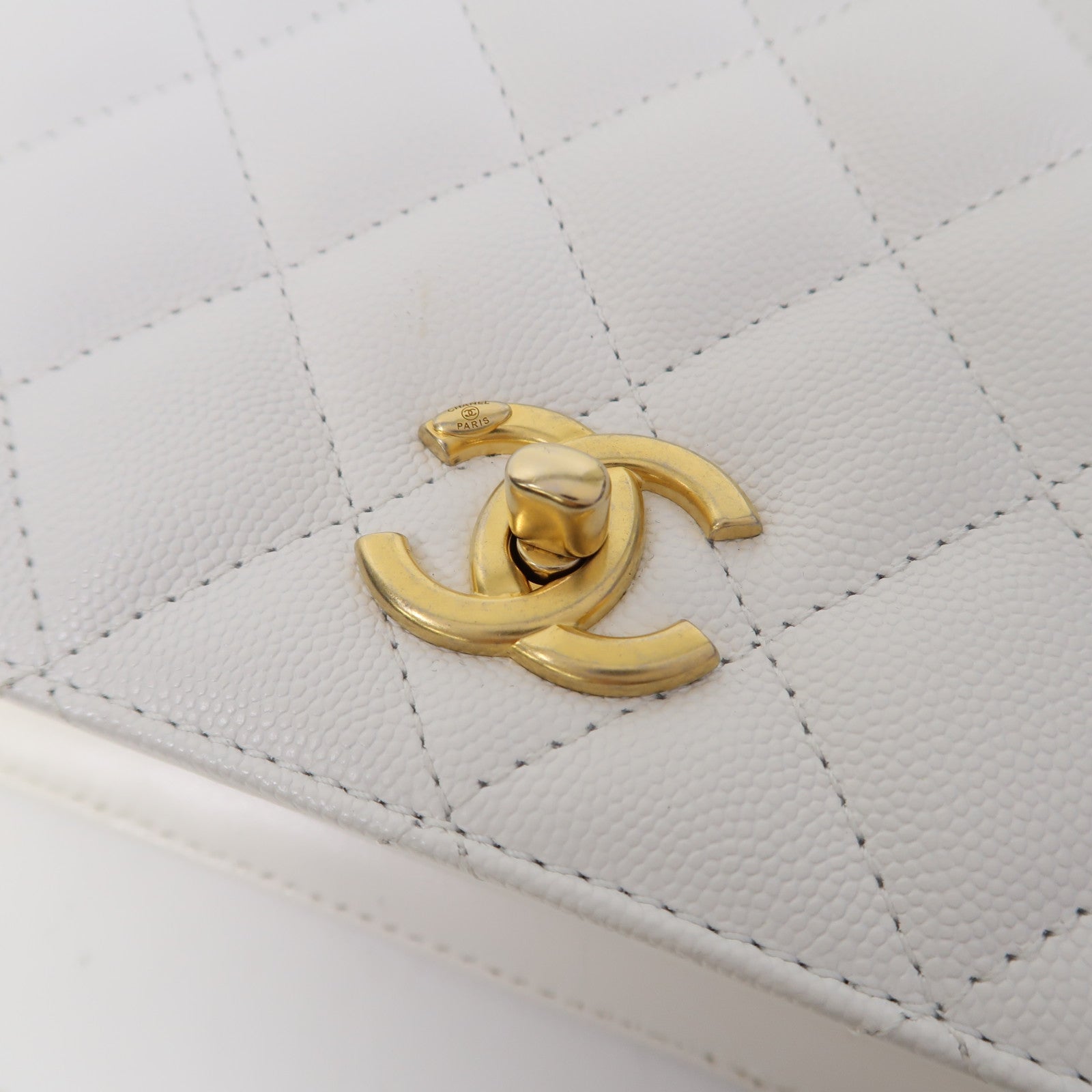 CHANEL 菱格Caviar皮革Shoulder Bag金扣手挽肩背兩用袋白色