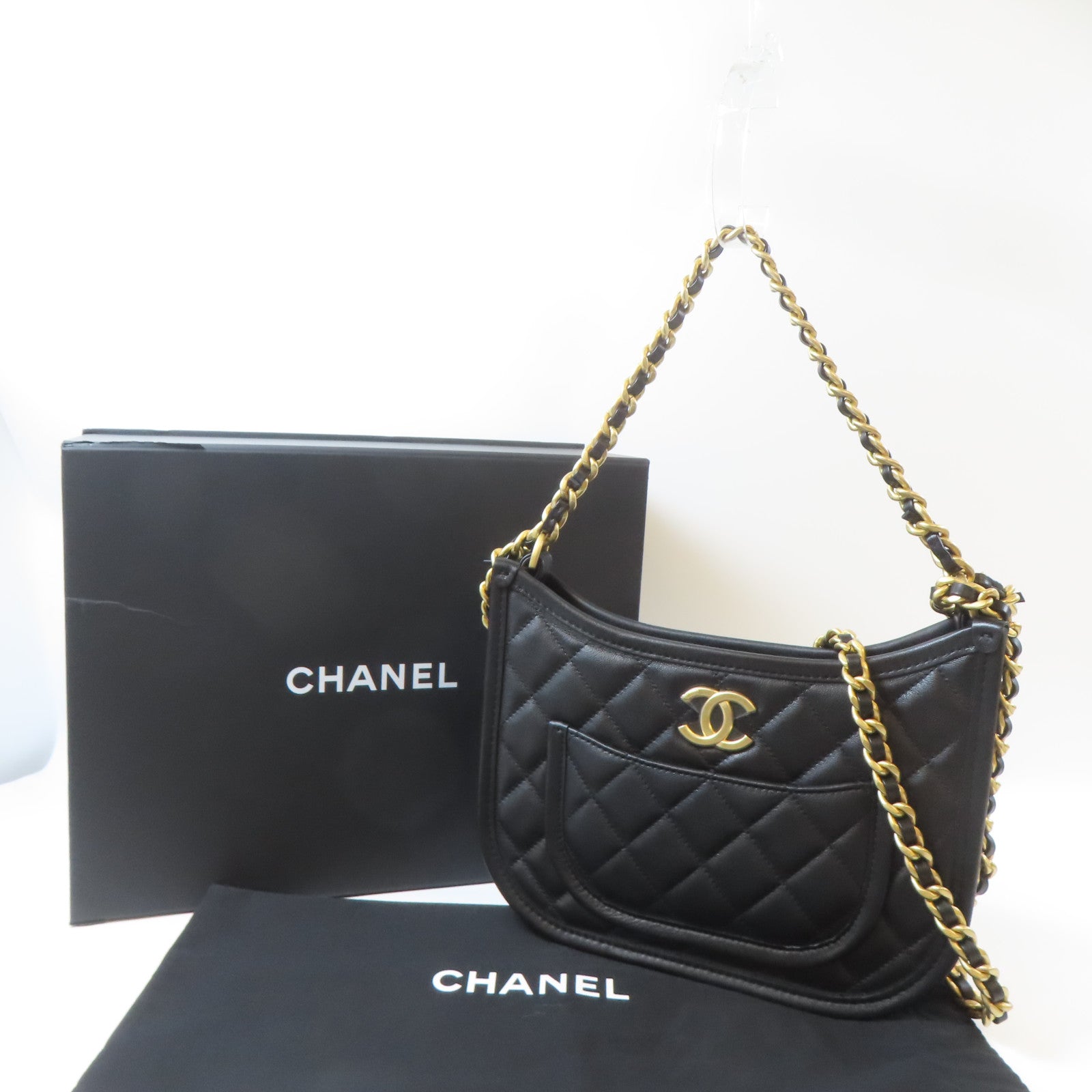 CHANEL 菱格牛皮皮革2 Way Shoulder金扣手挽肩背兩用袋黑色
