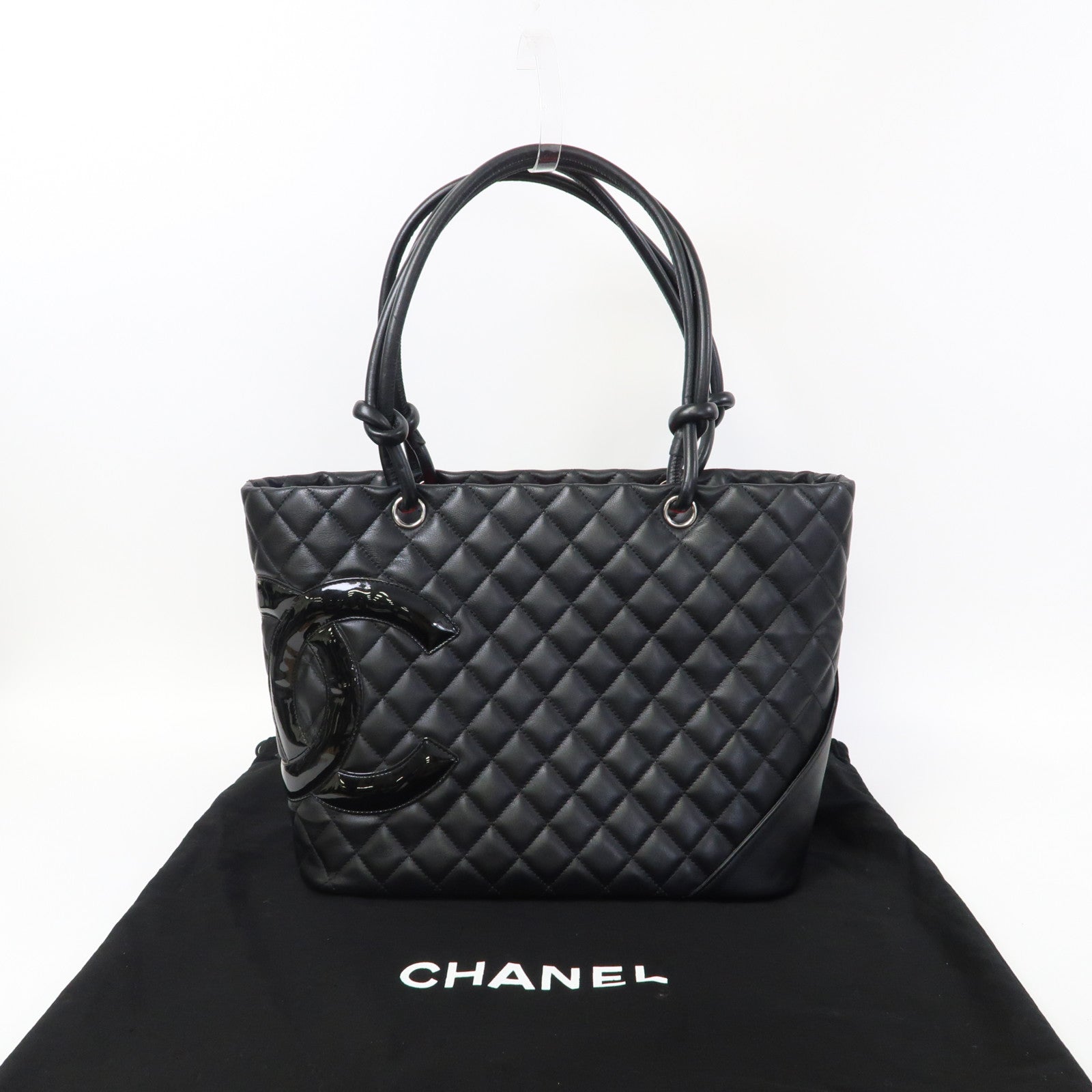 CHANEL 菱格牛皮皮革Cambon Tote bag銀扣手挽袋黑色