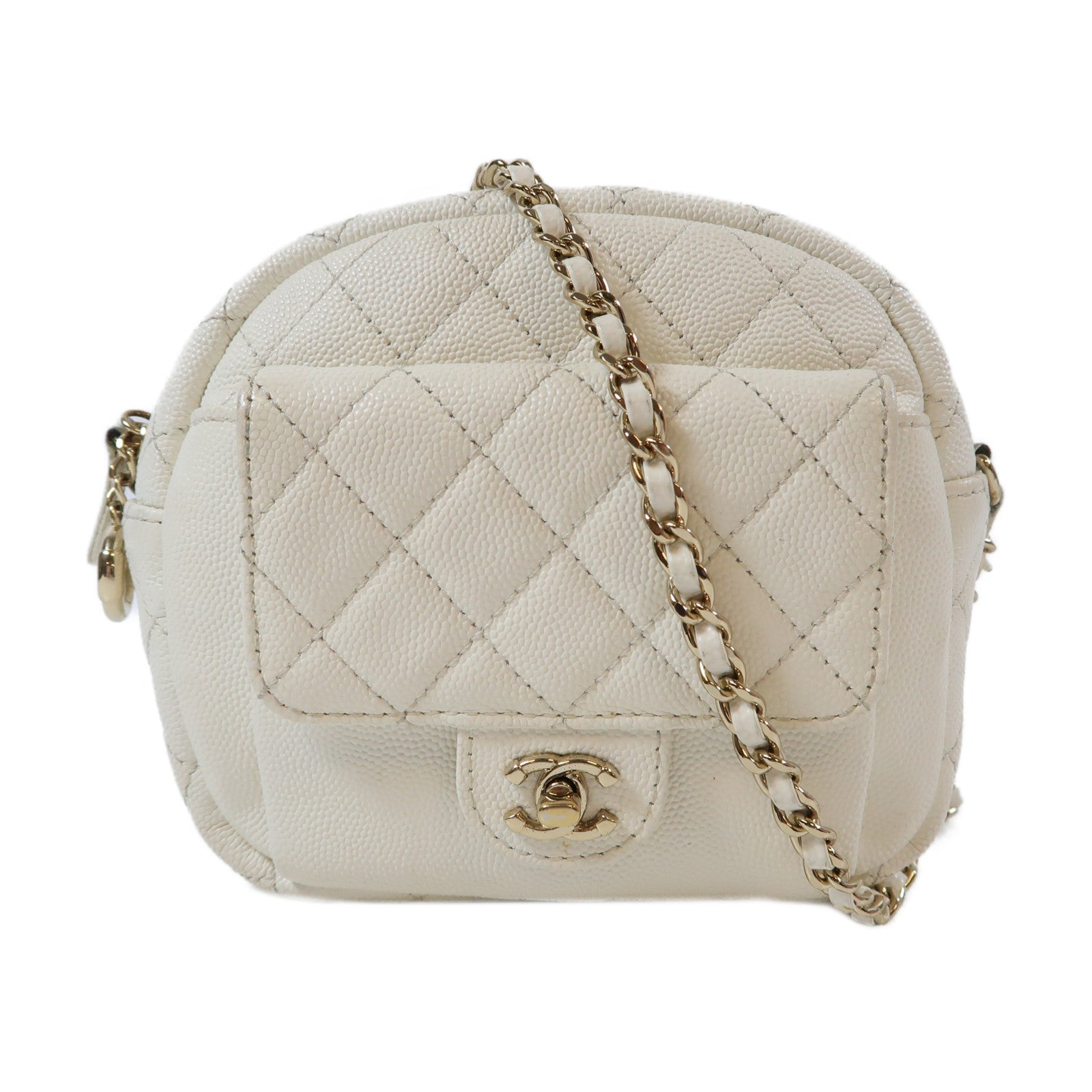 CHANEL 【激減優惠】菱格Caviar皮革CC Day Camera Case金扣鏈帶肩背袋白色