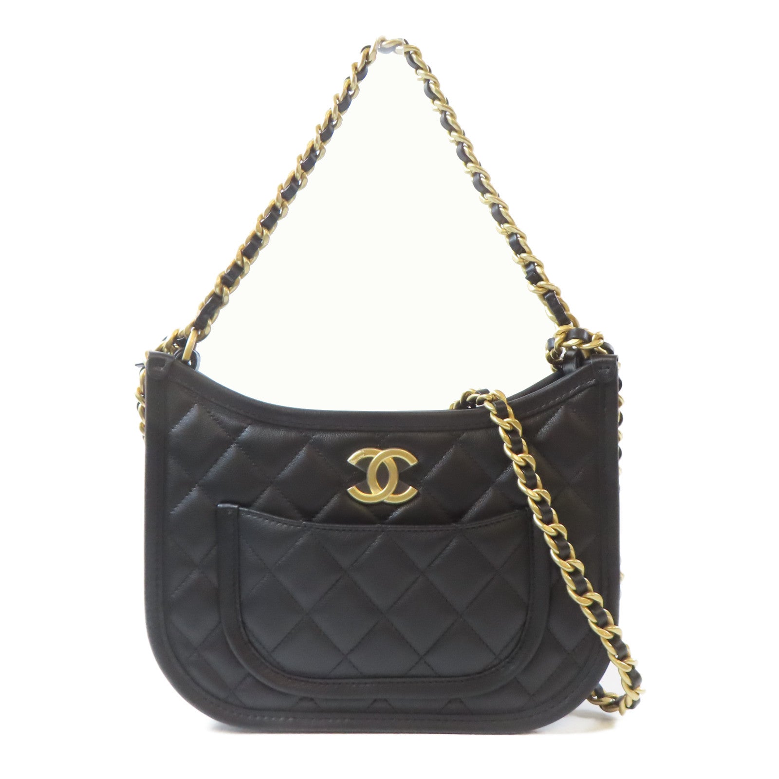 CHANEL 菱格牛皮皮革2 Way Shoulder金扣手挽肩背兩用袋黑色