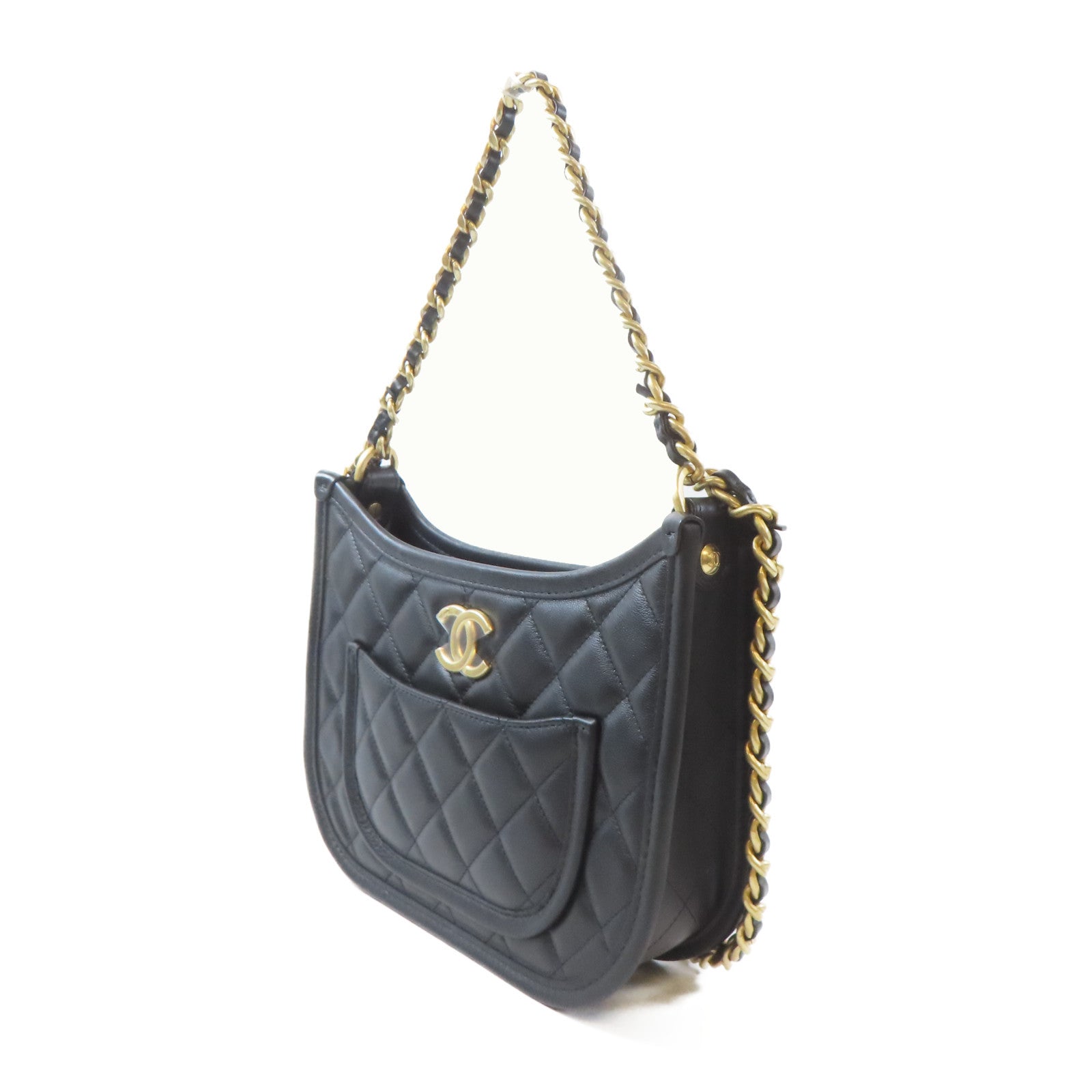 CHANEL 菱格牛皮皮革2 Way Shoulder金扣手挽肩背兩用袋黑色