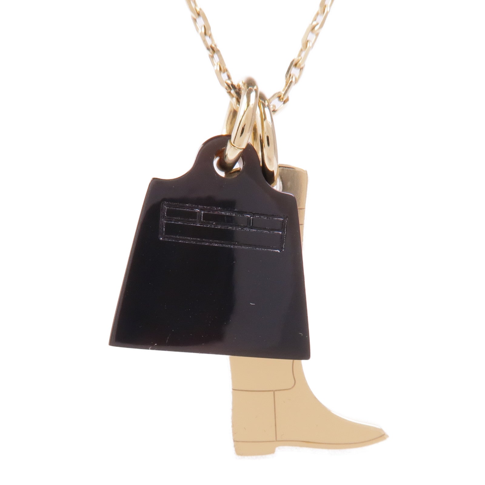 HERMES 金屬/Buffalo Horn Amulette Maroquinier Pendant Kelly Bag項鍊Black/Gold