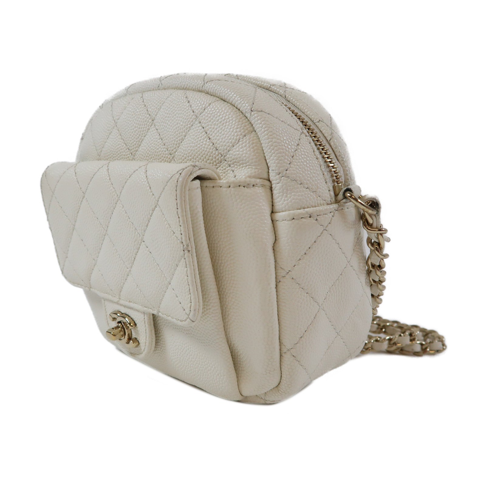 CHANEL 【激減優惠】菱格Caviar皮革CC Day Camera Case金扣鏈帶肩背袋白色