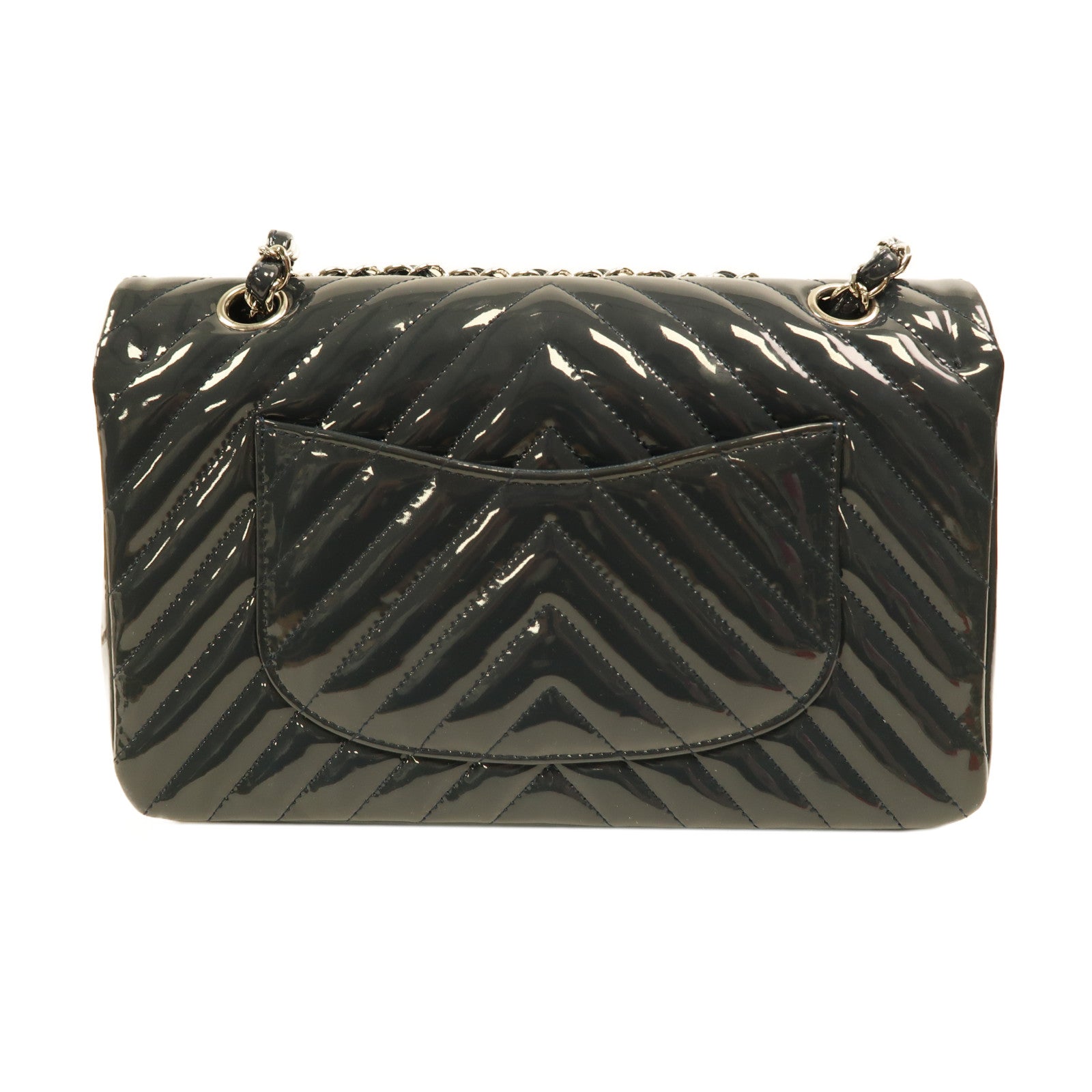 CHANEL 漆皮皮革Classic 25銀扣鏈帶肩背袋灰藍色