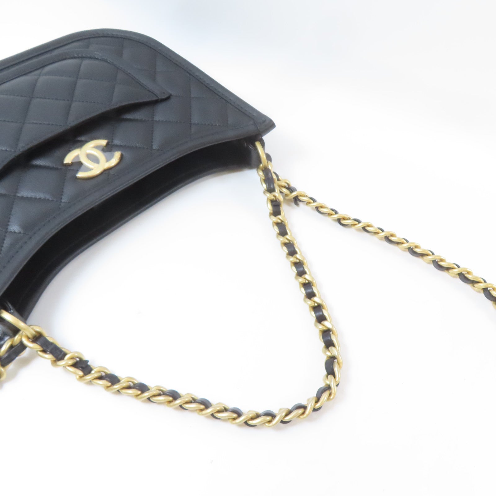 CHANEL 菱格牛皮皮革2 Way Shoulder金扣手挽肩背兩用袋黑色