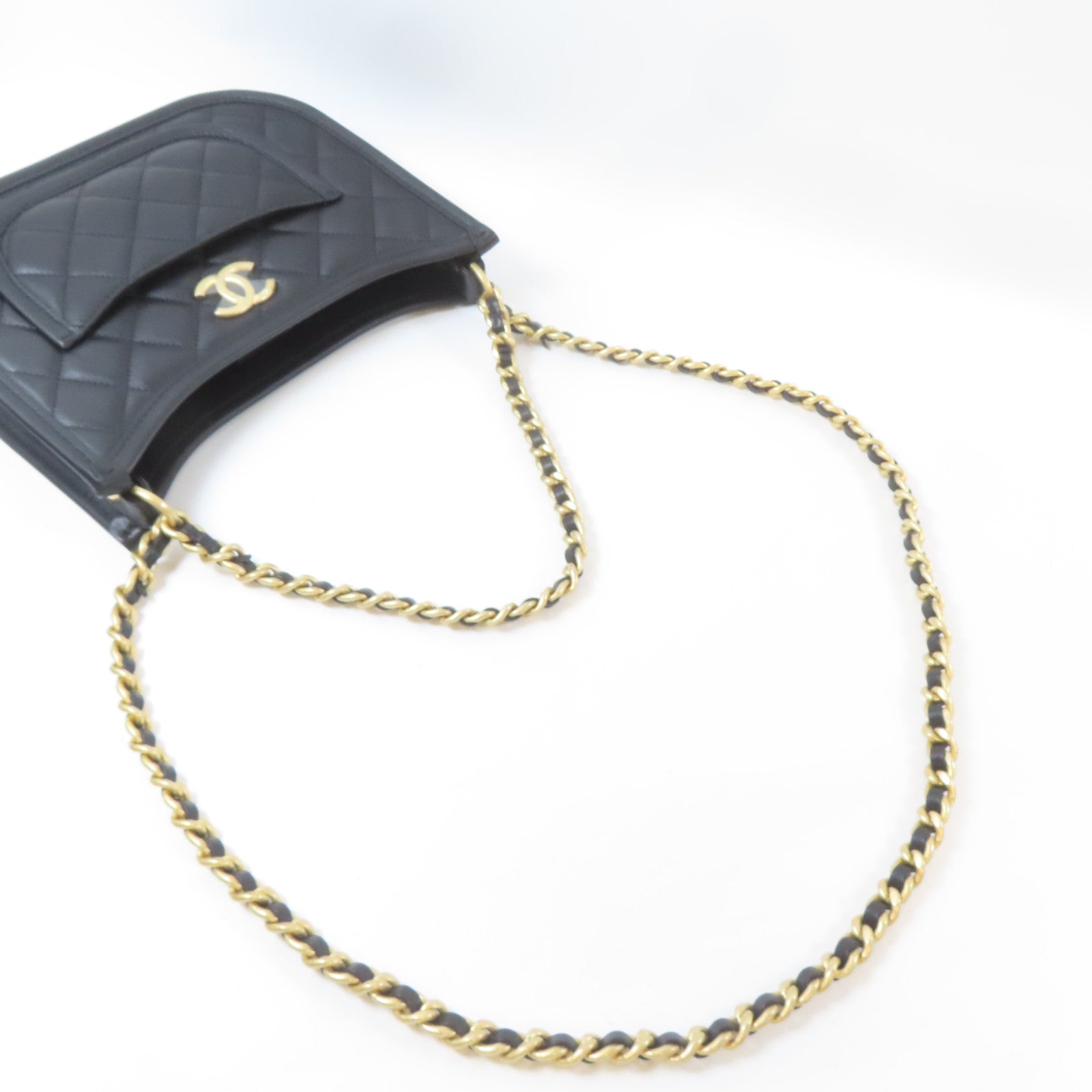 CHANEL 菱格牛皮皮革2 Way Shoulder金扣手挽肩背兩用袋黑色