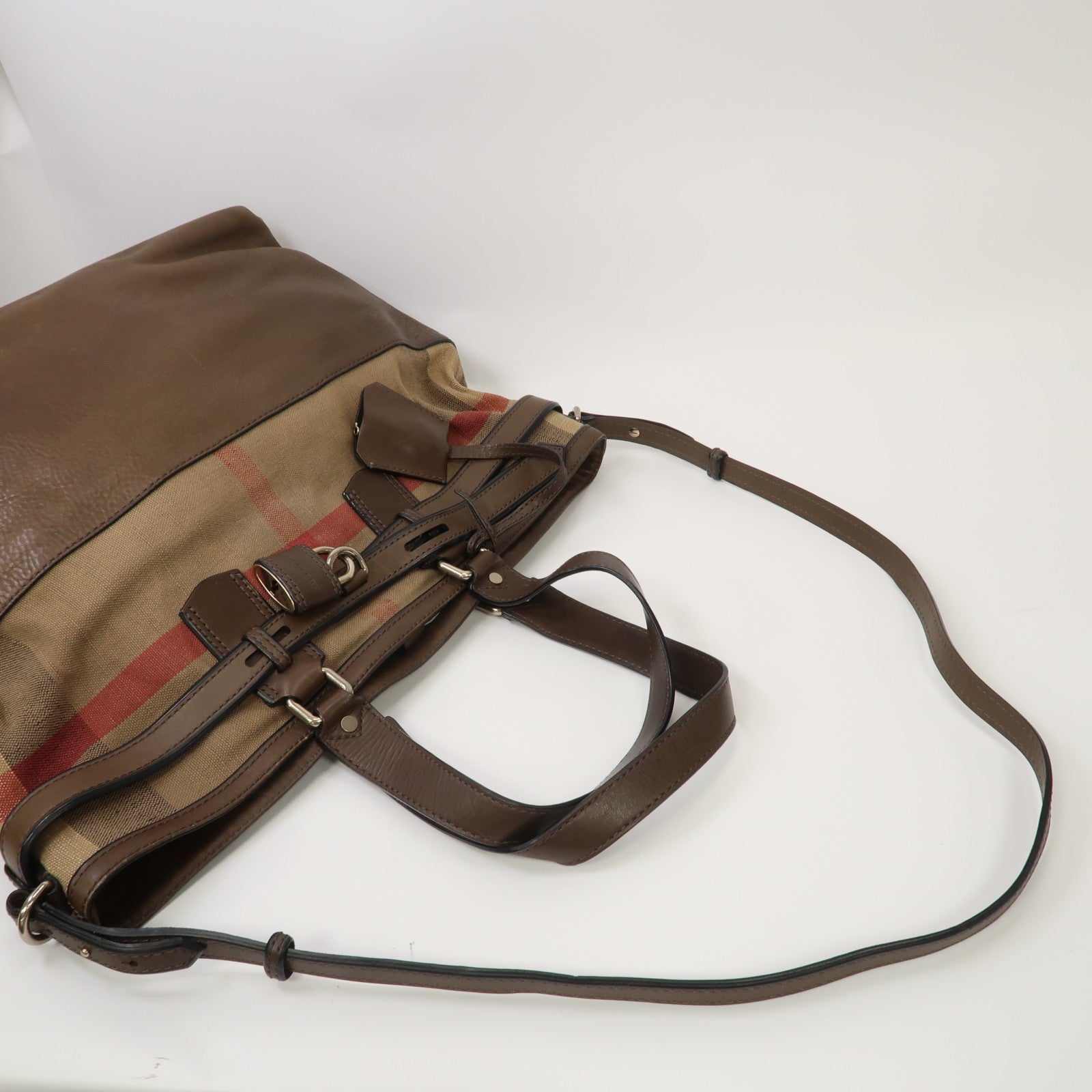 BURBERRY 塗層帆布/皮革Shoulder Bag金扣手挽肩背兩用袋啡色