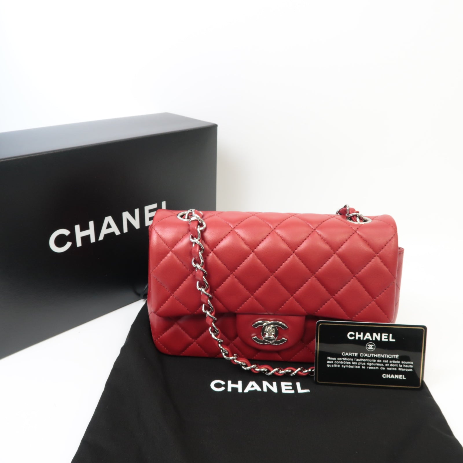 CHANEL 【激減優惠】菱格羊皮皮革Classic 20cm銀扣鏈帶肩背袋紅色
