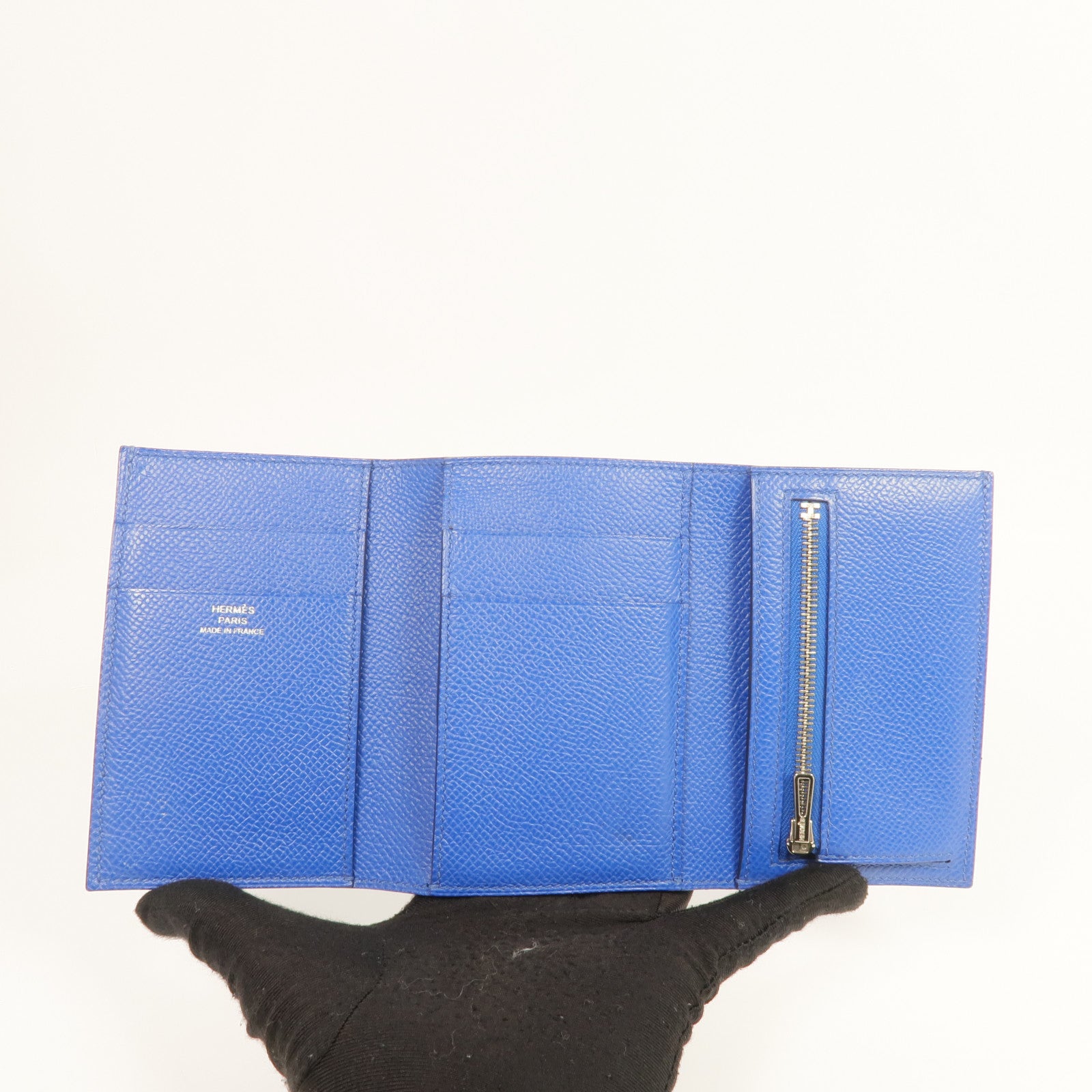 HERMES Epsom皮革Bearn Verso Wallet銀扣錢包Bleu Saphir