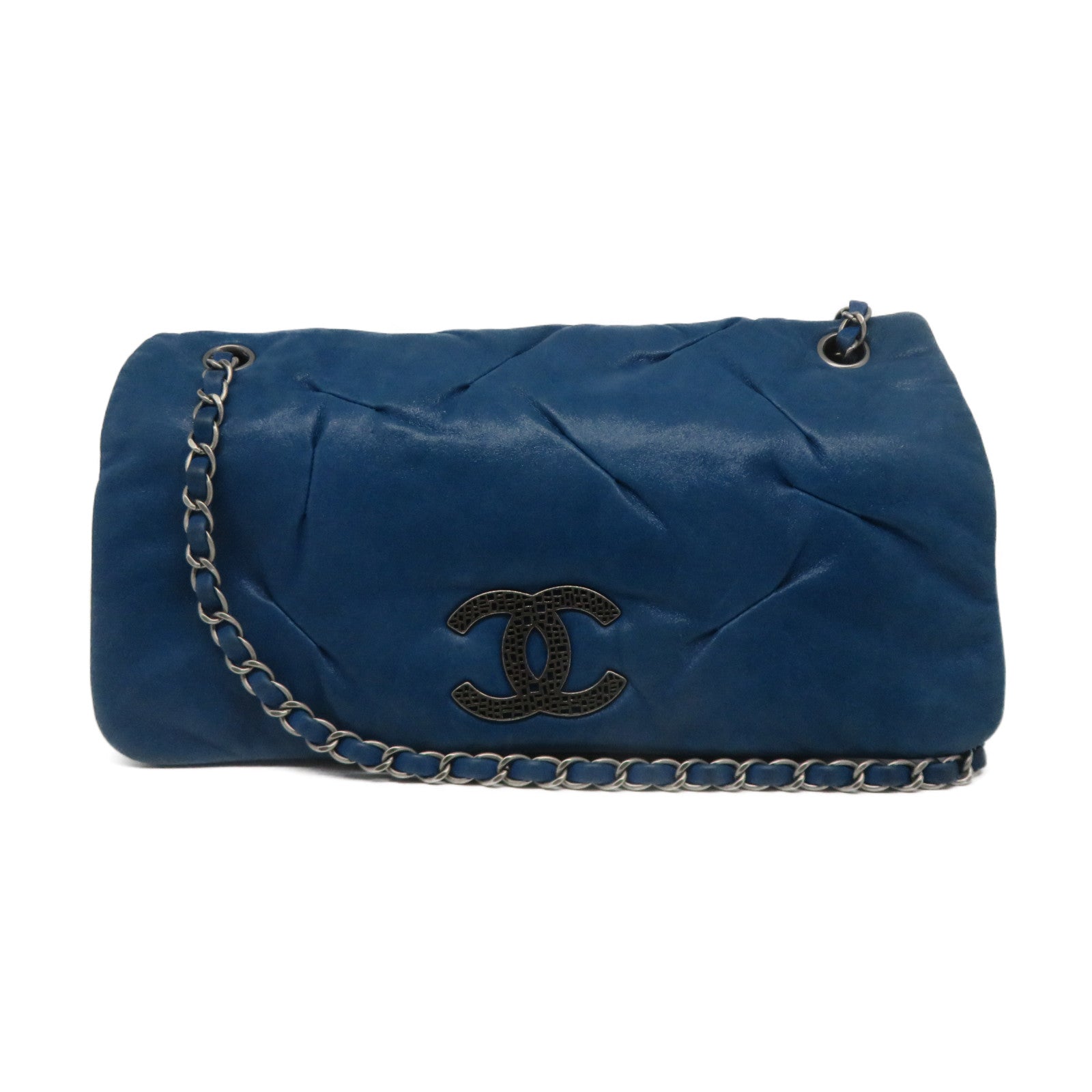 CHANEL 【激減優惠】牛皮皮革Chain Shoulder銀扣鏈帶肩背袋藍色