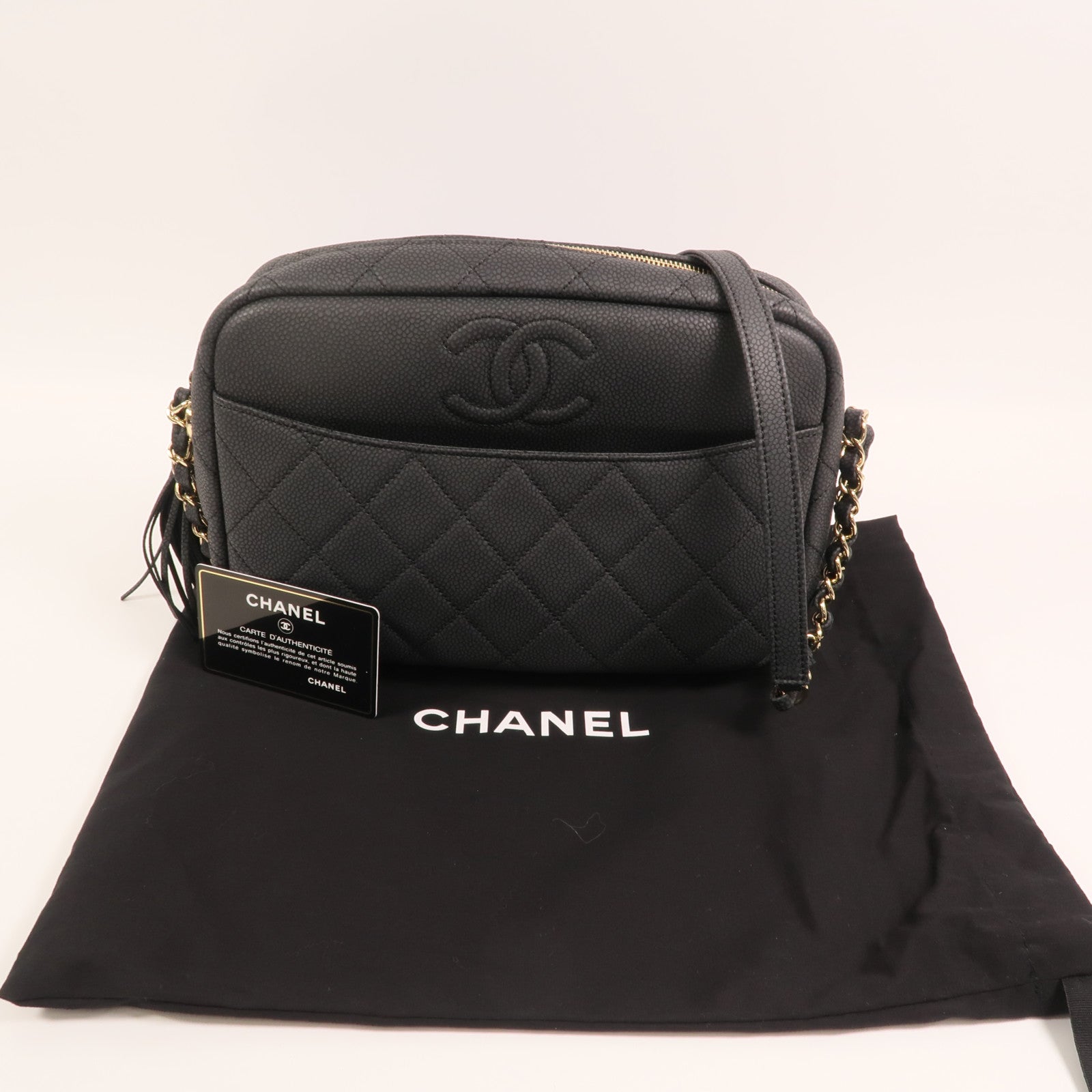 CHANEL 牛皮皮革Carmera Bag金扣鏈帶肩背袋