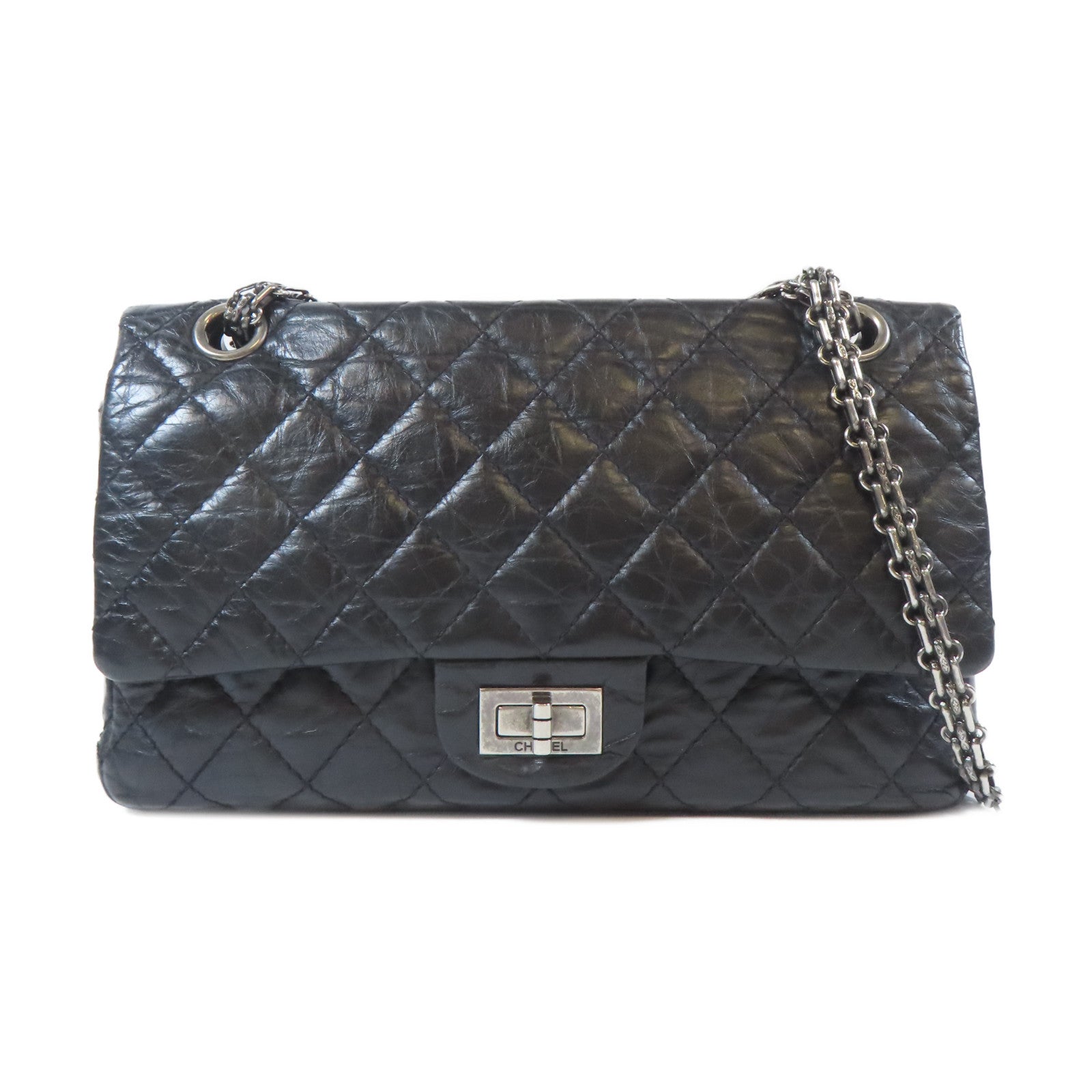 CHANEL 菱格牛皮皮革2.55 Chain Shoulder Bag黑扣鏈帶肩背袋黑色