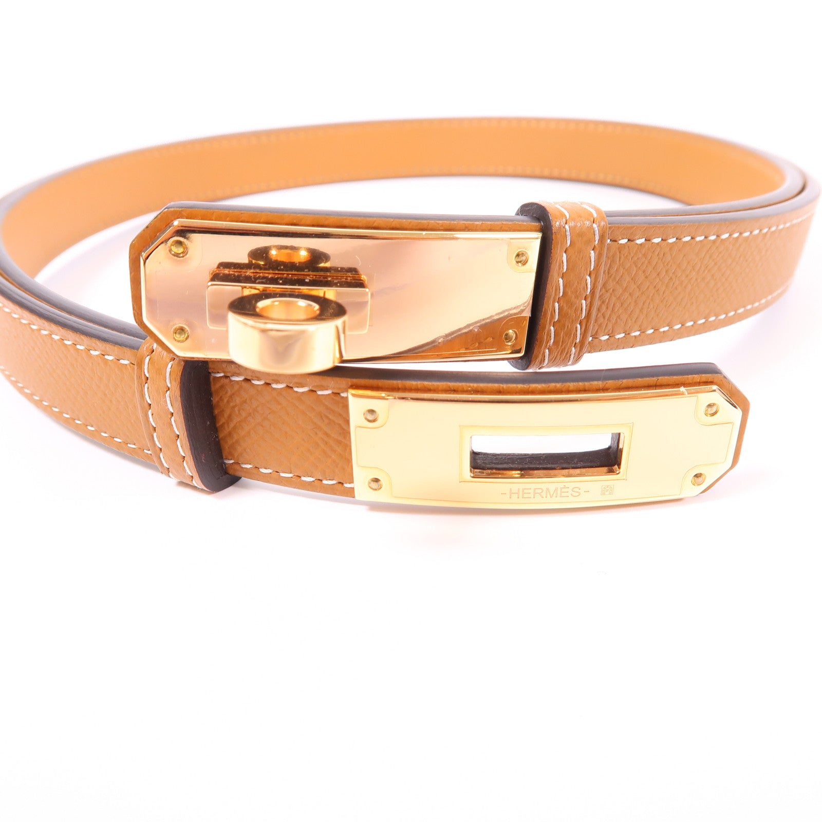 HERMES Epsom皮革Kelly 18 Belt皮帶37 Gold