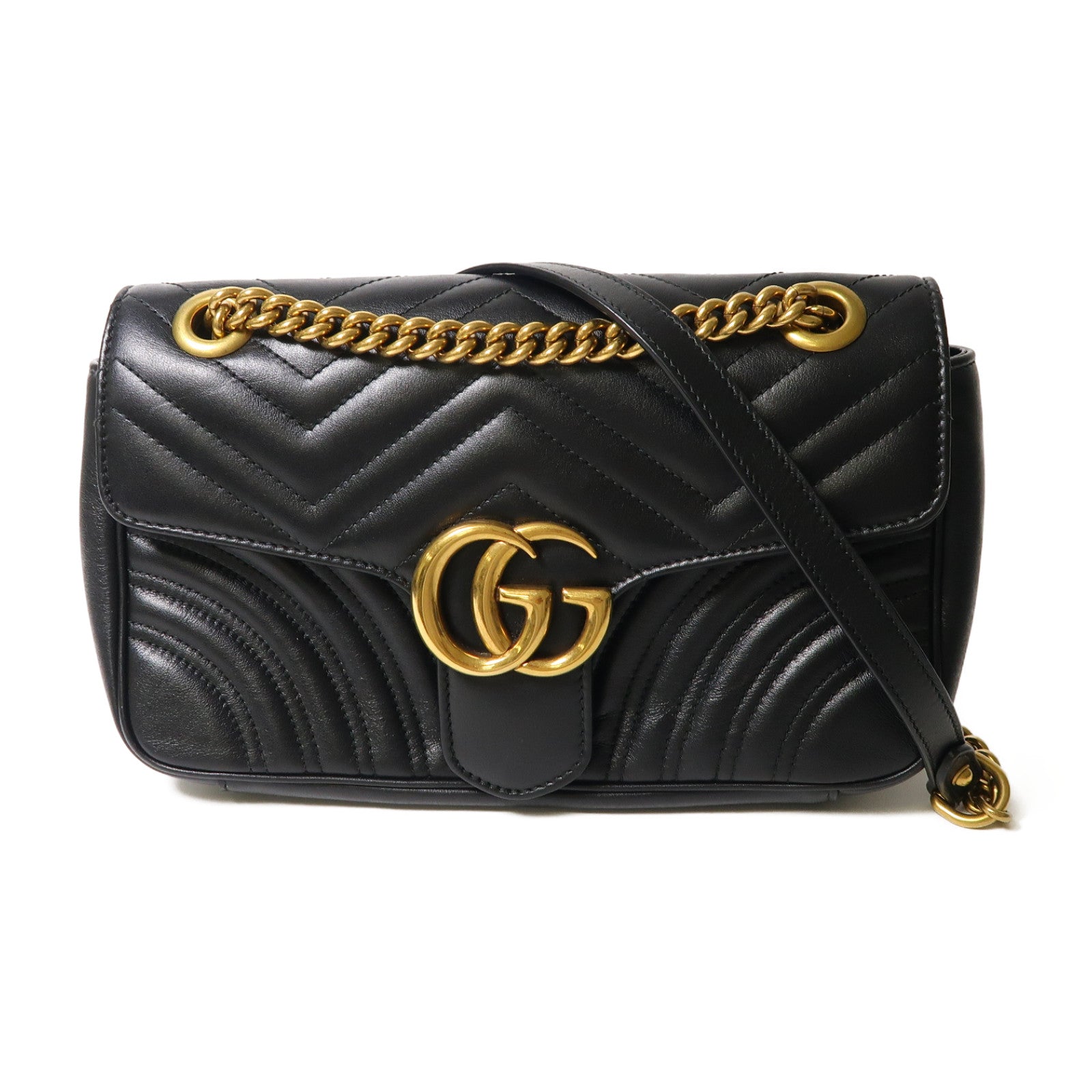 GUCCI 牛皮皮革GG Marmont金扣鏈帶肩背袋黑色
